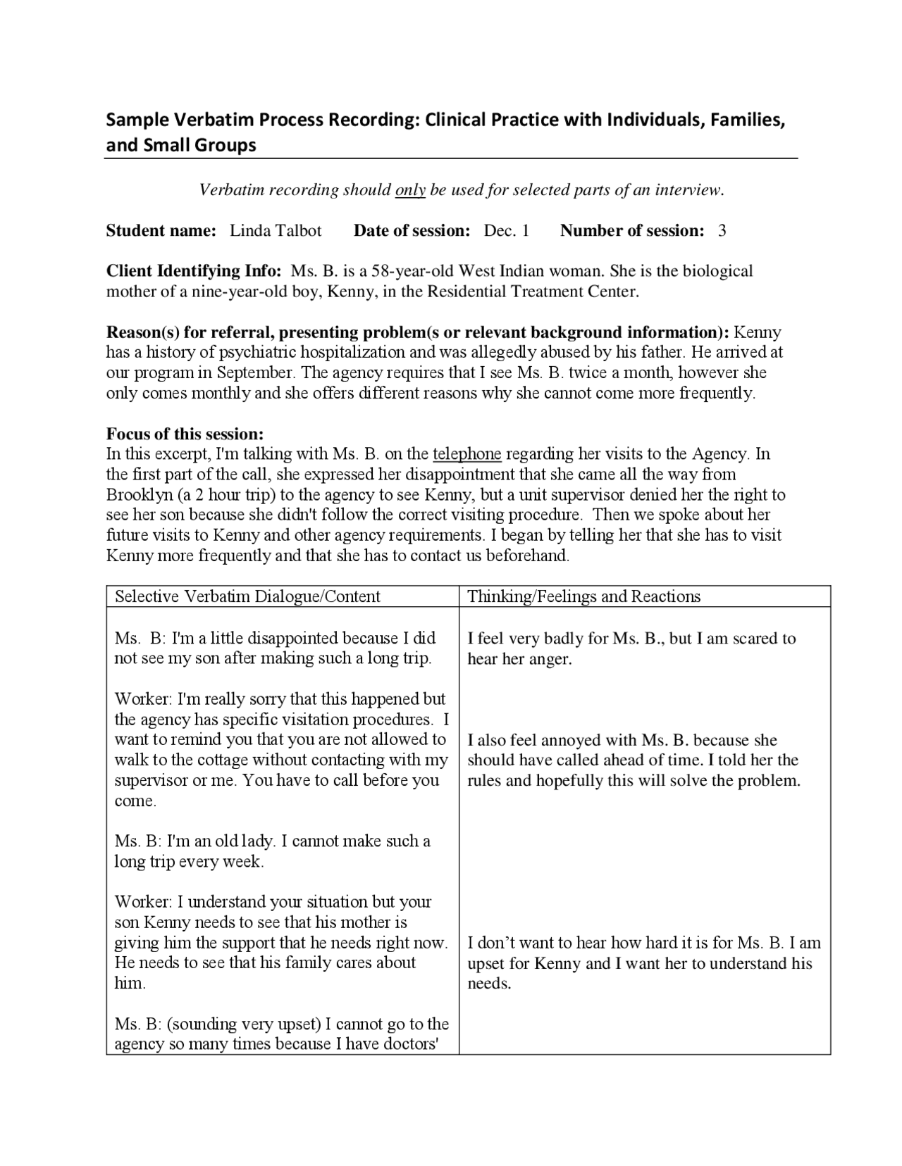 Sample Verbatim Process Recording: Clinical Practice with ... | Slides ...