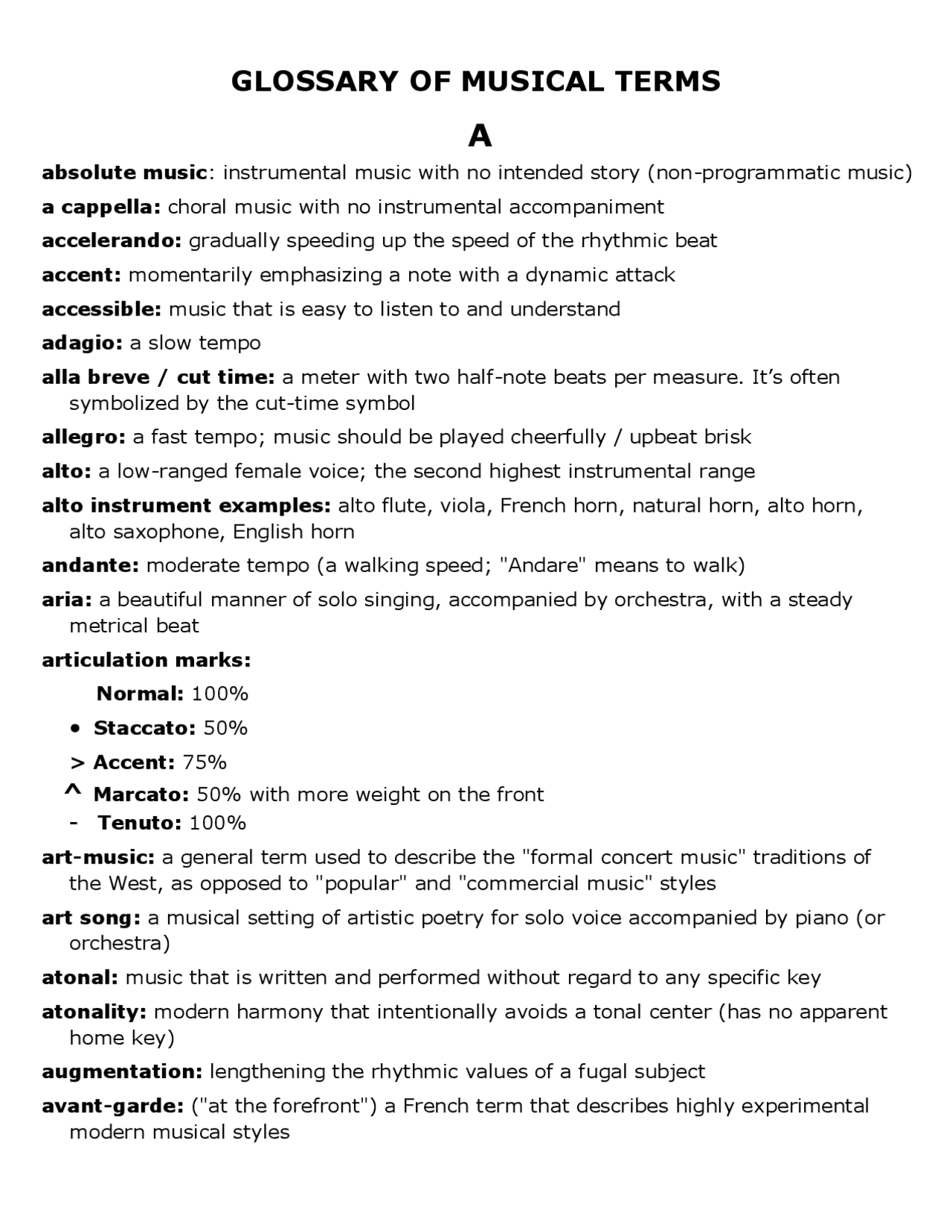 GLOSSARY OF MUSICAL TERMS | Study notes Music | Docsity