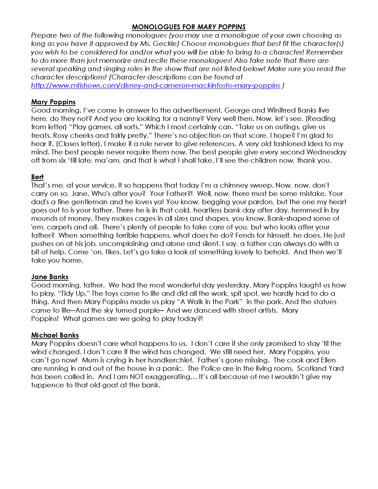 Monologues for mary poppins Study notes Dance Docsity