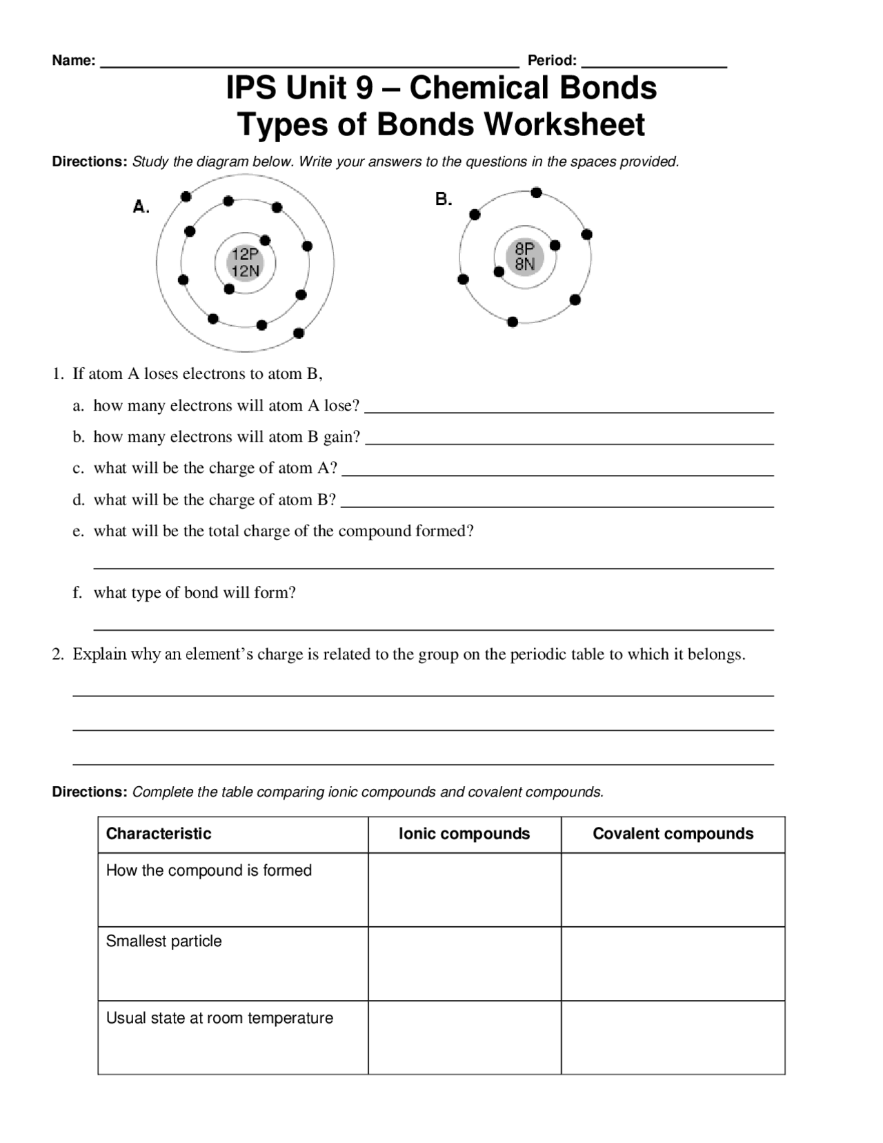 IPS Unit 9 Chemical Bonds Types of Bonds Worksheet Slides Chemistry IPS Unit 9 Chemical Bonds Types of Bonds Worksheet Slides Chemistry