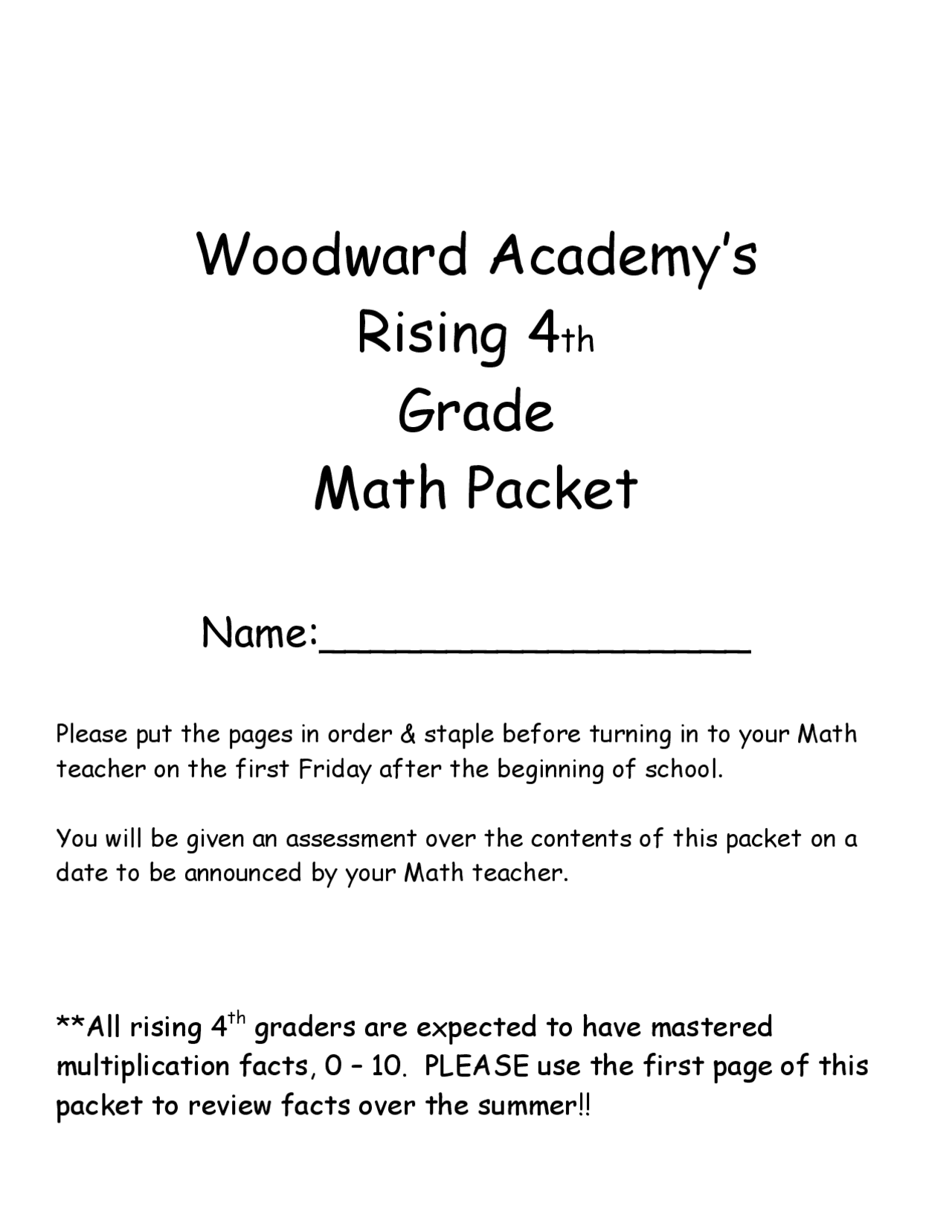 Woodward Academy's Rising 4th Grade Math Packet | Exercises Mathematics ...