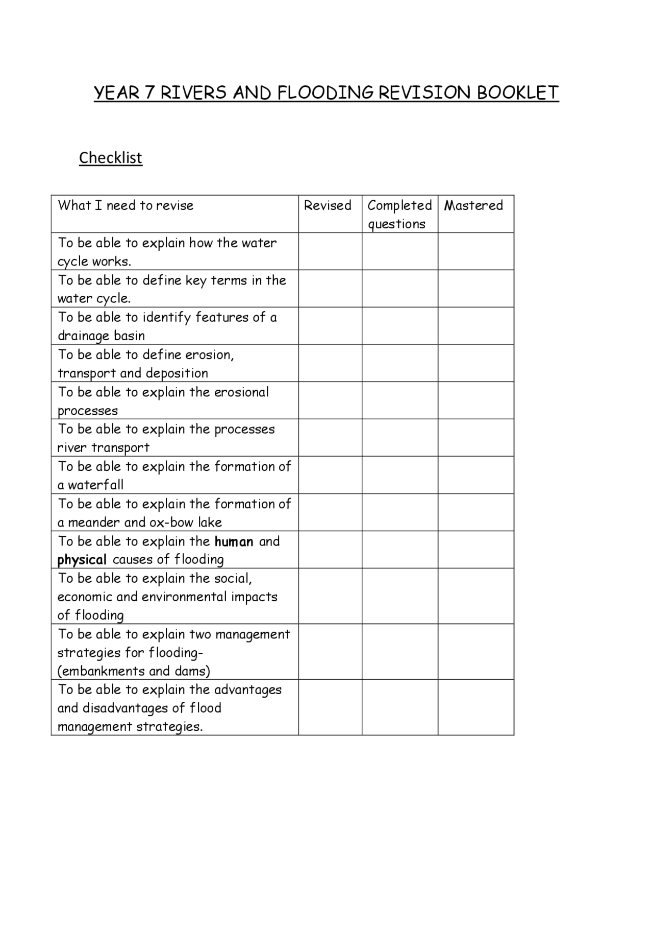 YEAR 7 RIVERS AND FLOODING REVISION BOOKLET ... | Study notes Business ...