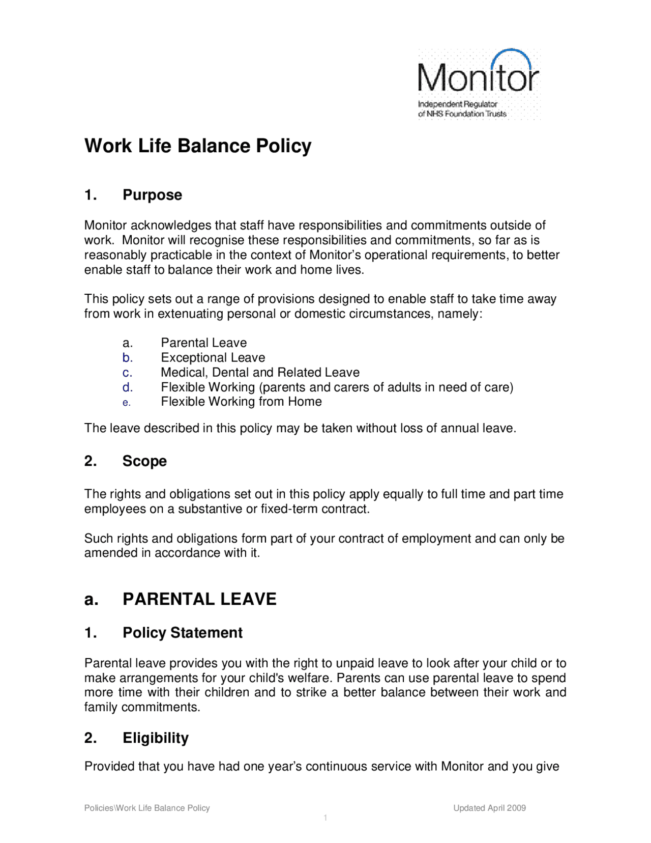 Work Life Balance Policy | Study notes Business | Docsity