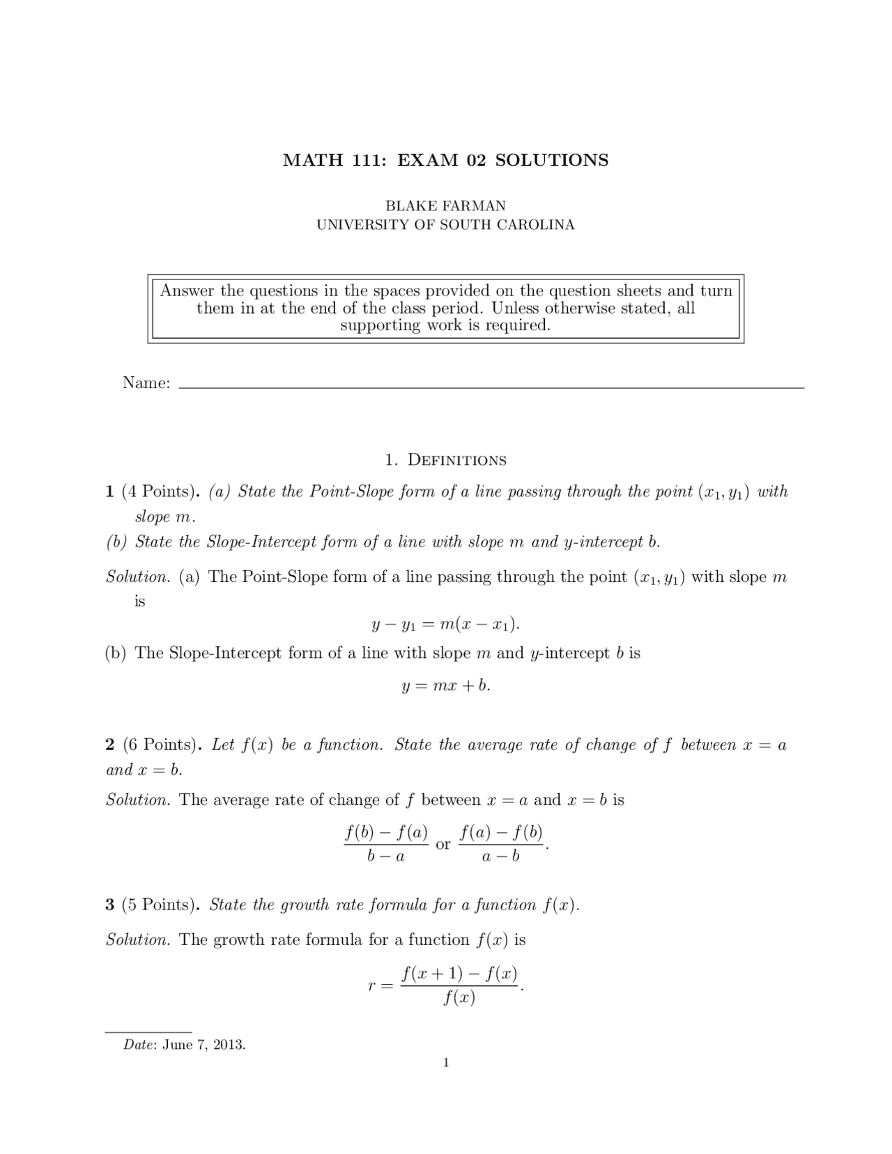 Math 111: exam 02 solutions | Slides Pre-Calculus | Docsity