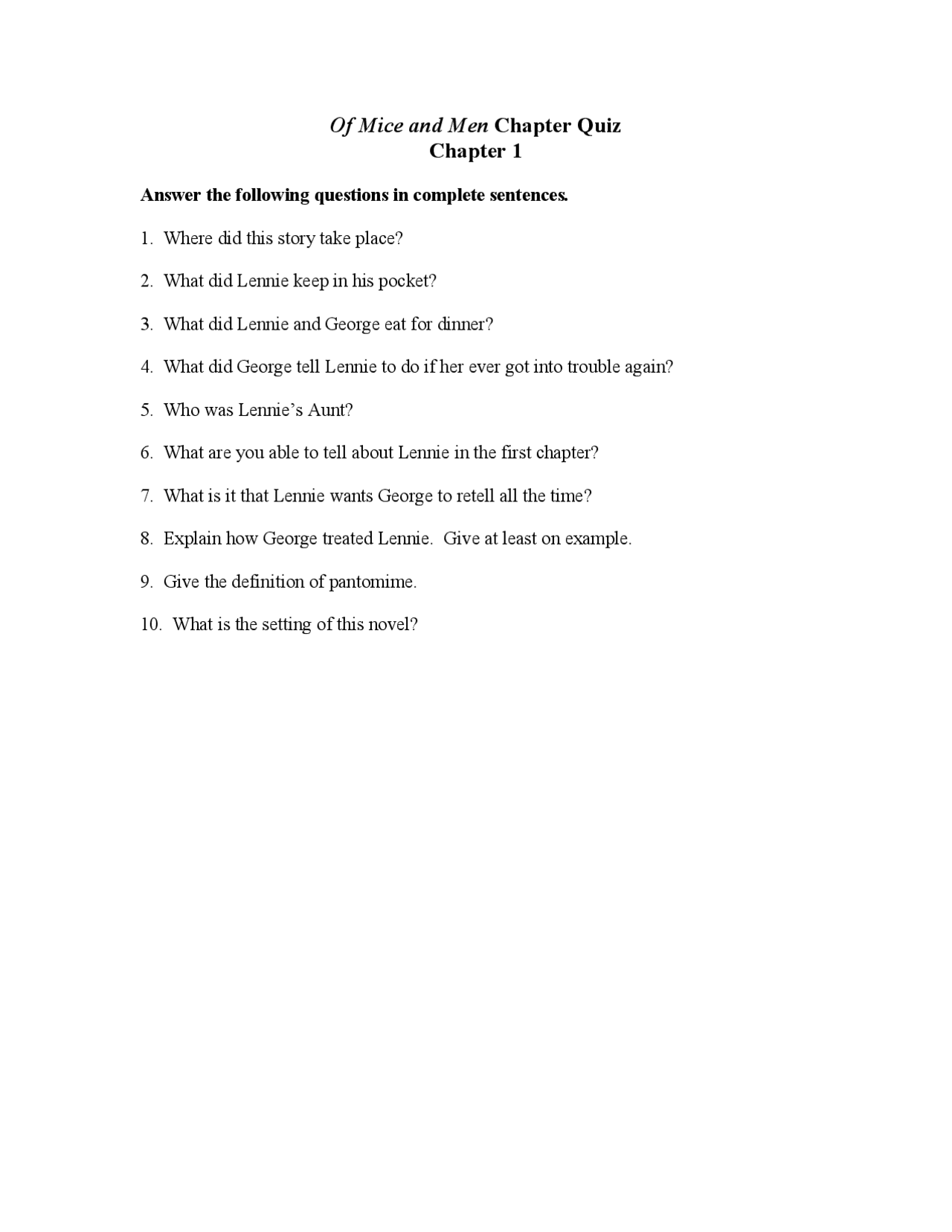 Of Mice and Men Chapter Quiz Chapter 1 Exercises English Literature