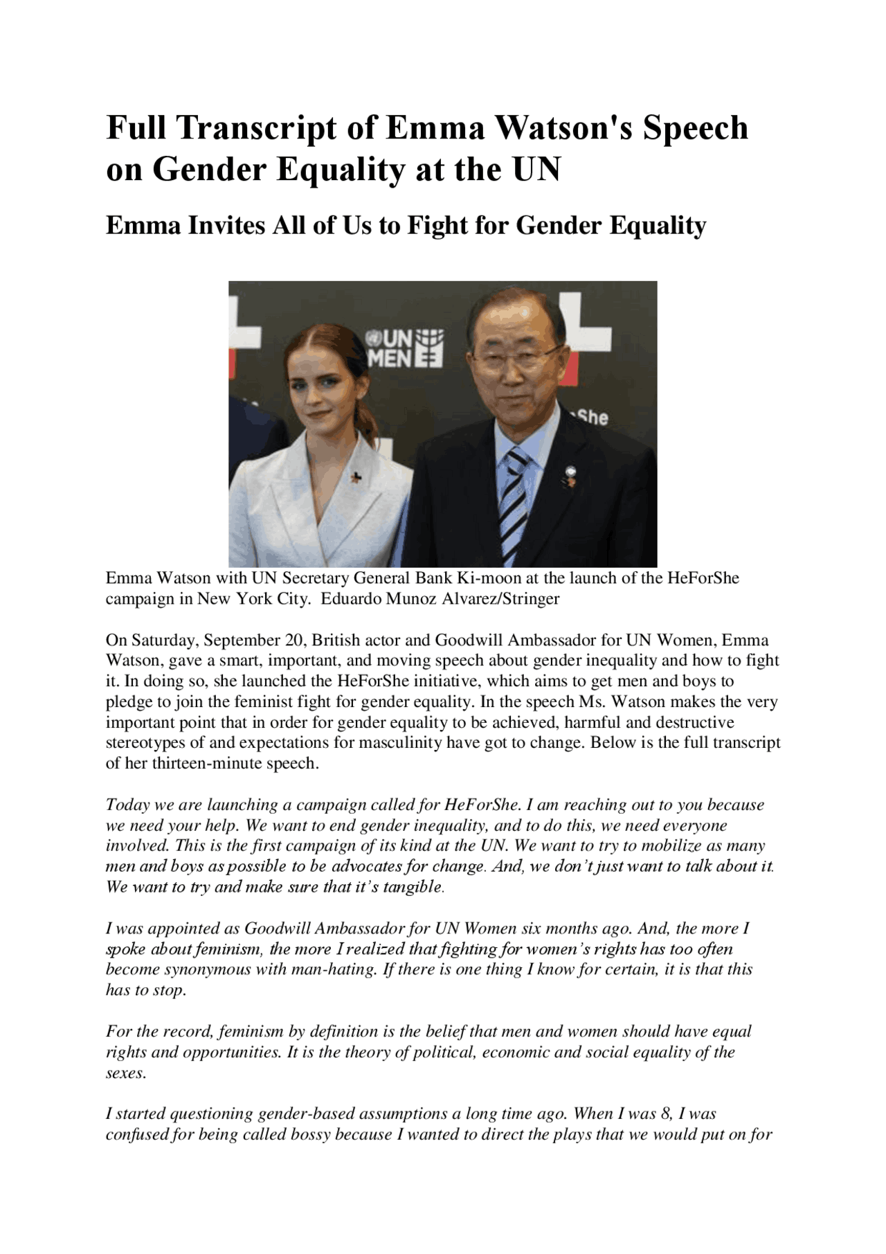 Full Transcript of Emma Watson's Speech on Gender Equality ... | Study ...