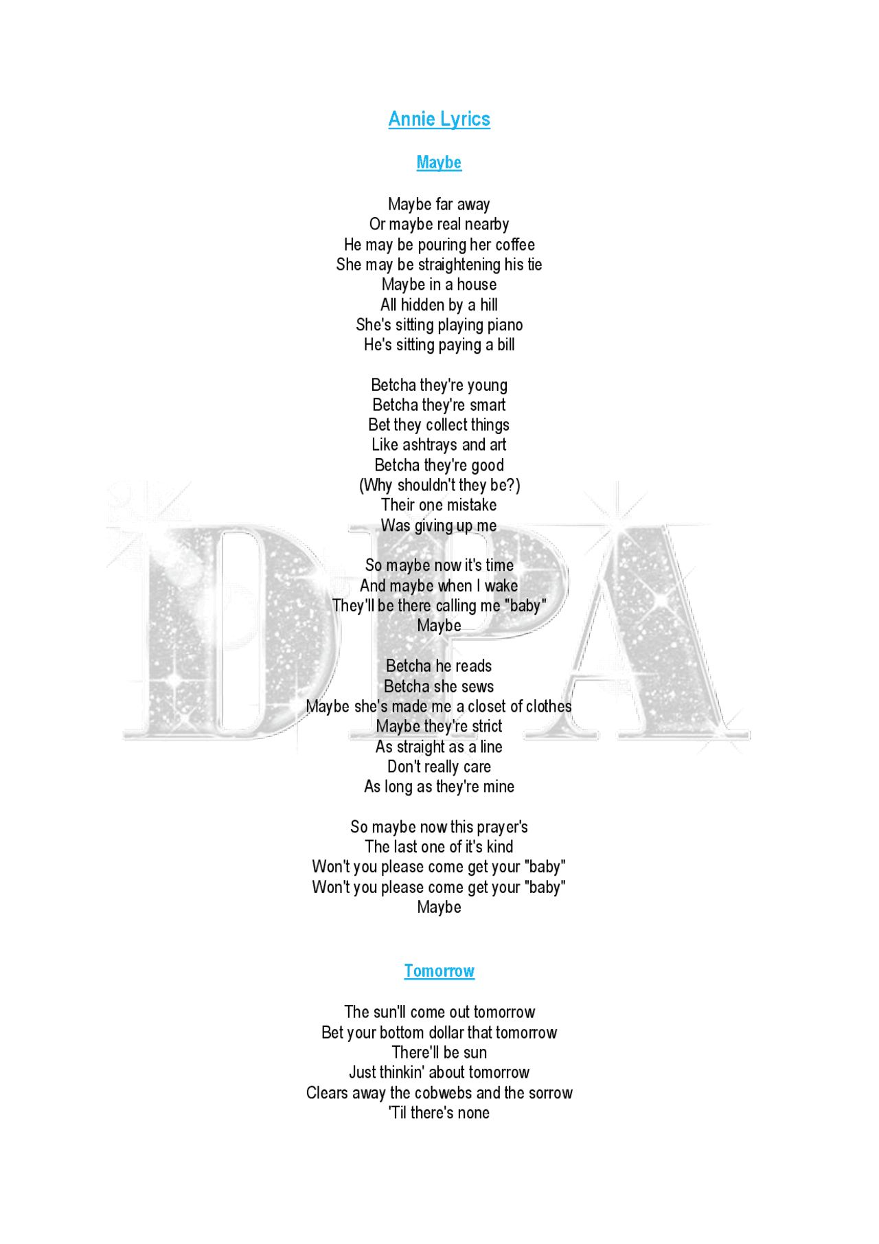 Annie Lyrics | Dubai Performing Arts | Schemes and Mind Maps Performing ...