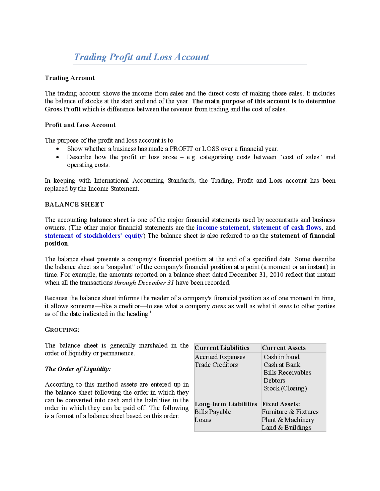 Trading Profit and Loss format | Exams Business | Docsity