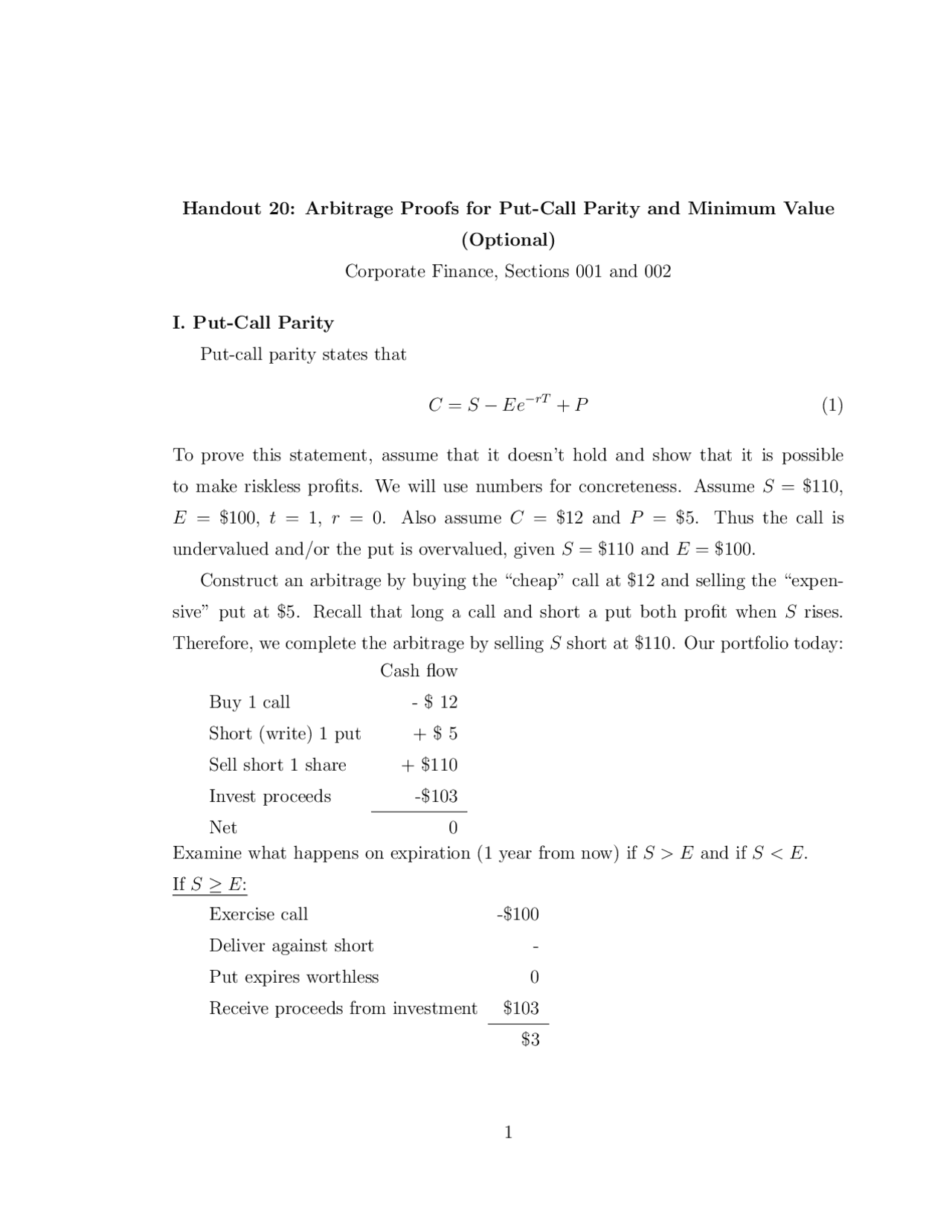 Arbitrage Proofs for Put-Call Parity and Minimum Value ... | Lecture ...