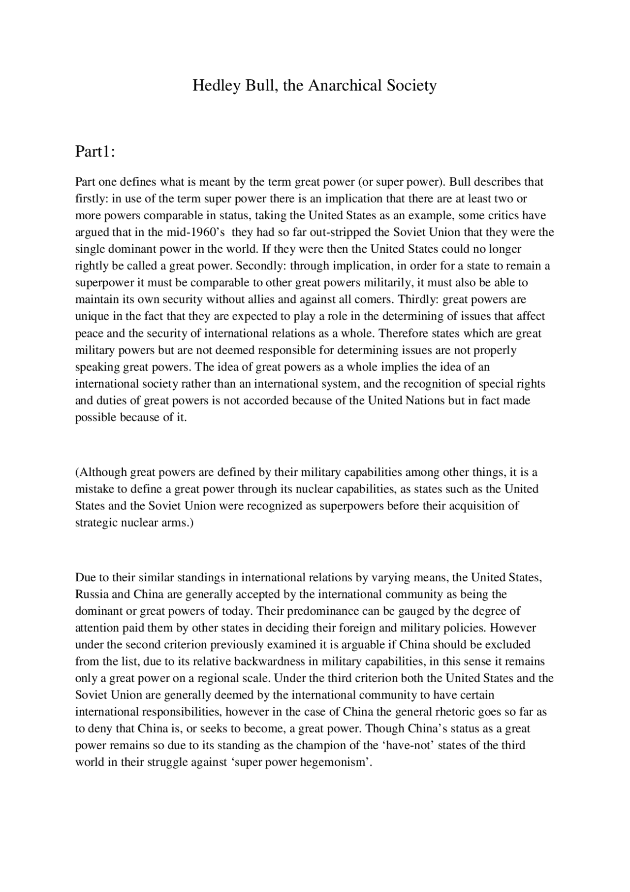 Hedley Bull, the Anarchical Society Part1: | Lecture notes ...