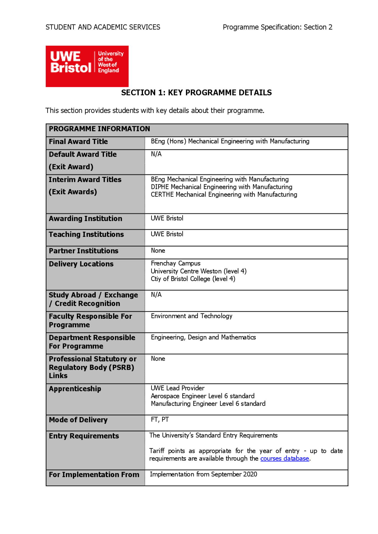 SECTION 1: KEY PROGRAMME DETAILS | Summaries Mechanical Engineering ...