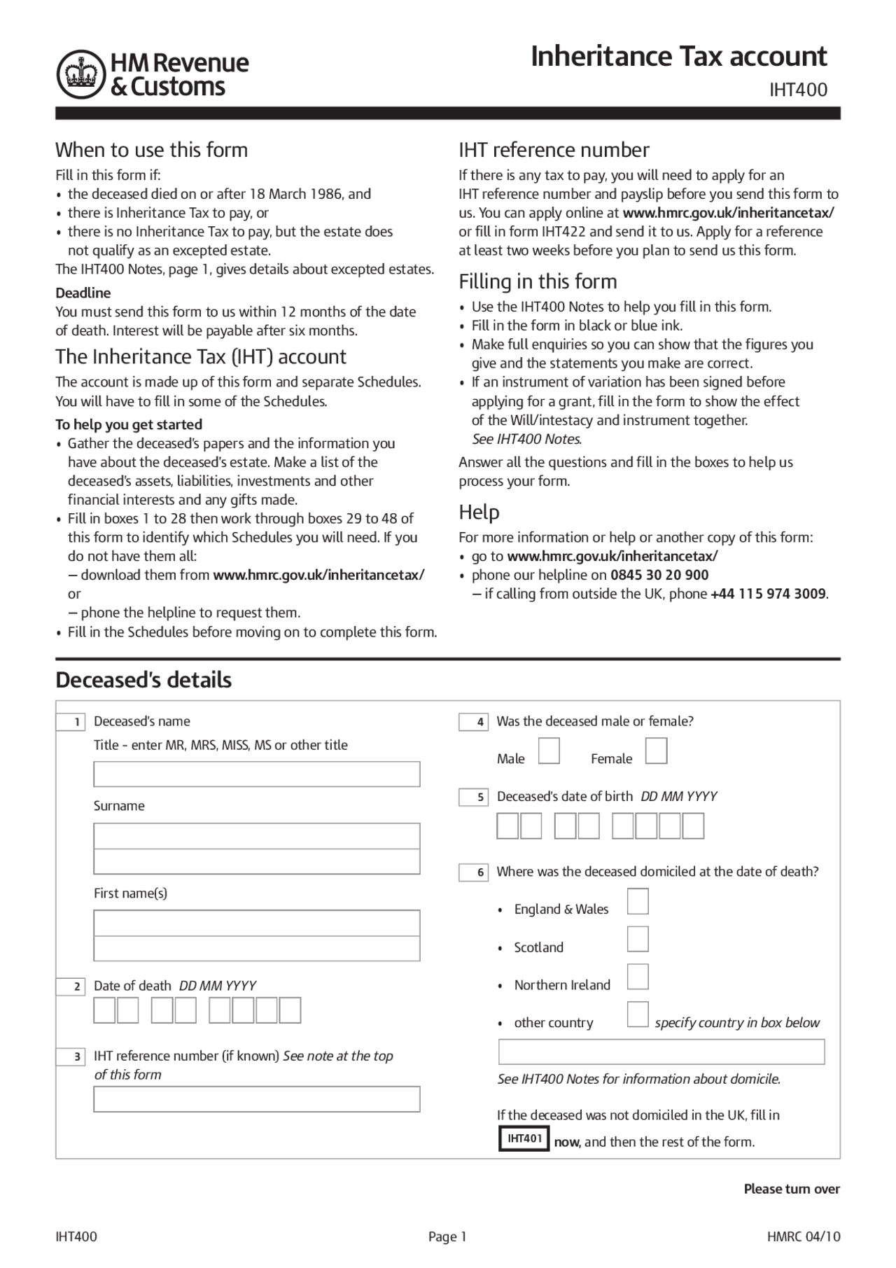 Iht400 Notes Form IHT400 - Inheritance Tax account | Lecture notes Business | Docsity