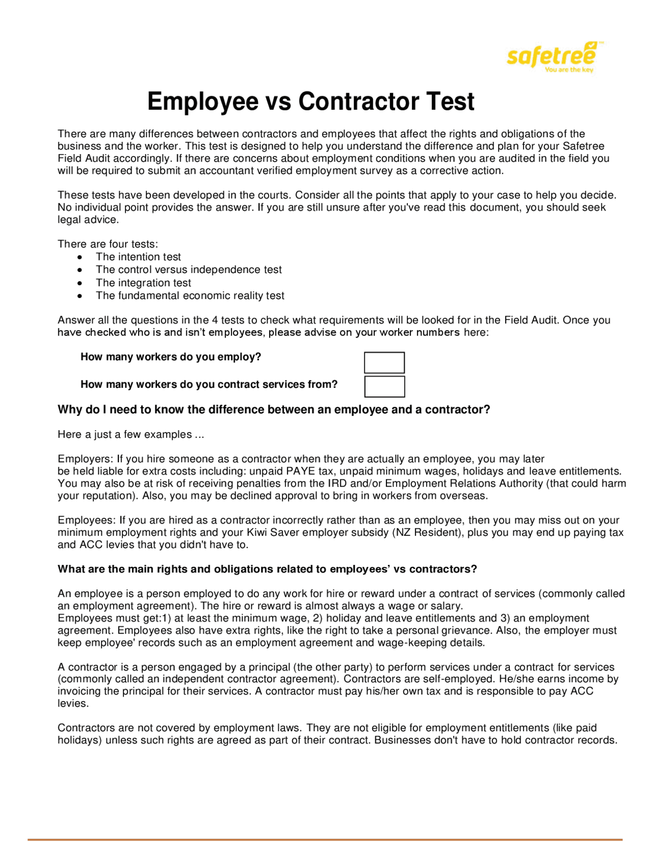 Contractor Test Employee vs Contractor Test | Study notes Business - Docsity