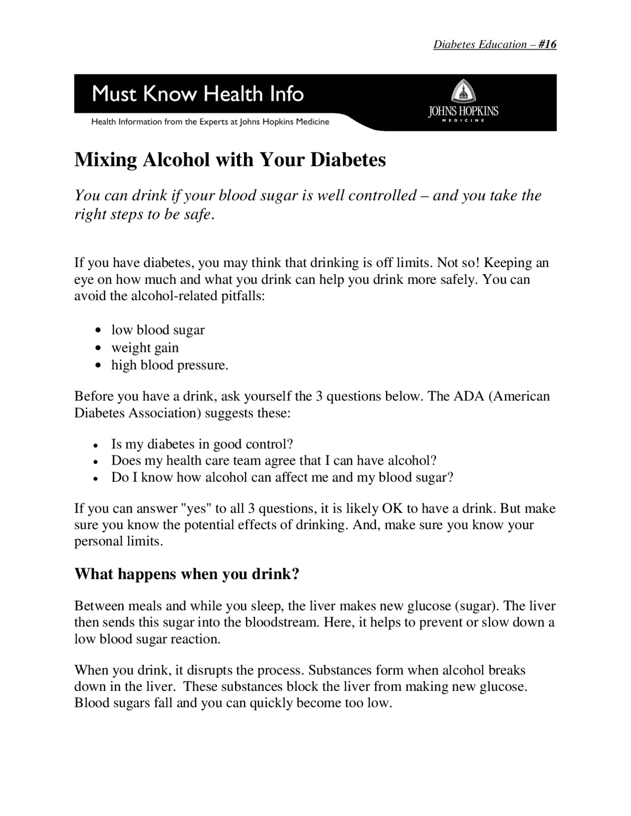 Mixing Alcohol with Your Diabetes Lecture notes Medicine Docsity