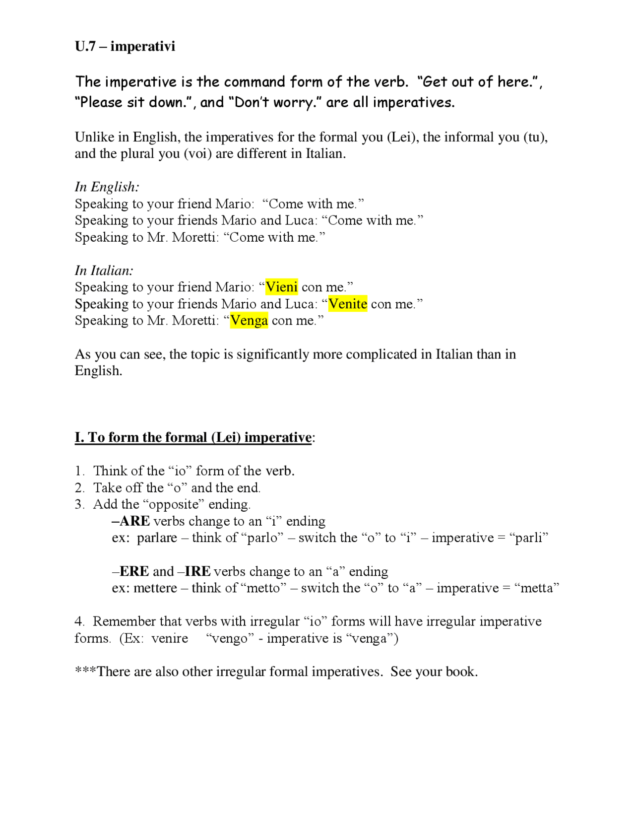 Imperativi The imperative is the command form of the verb ... | Exercises  Italian | Docsity