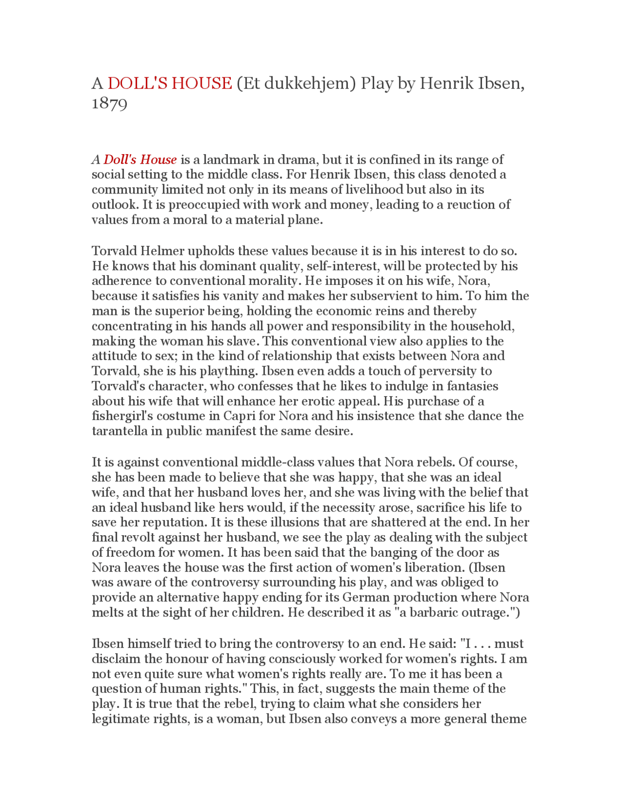 A DOLL'S HOUSE (Et dukkehjem) Play by Henrik Ibsen, 1879 Study notes