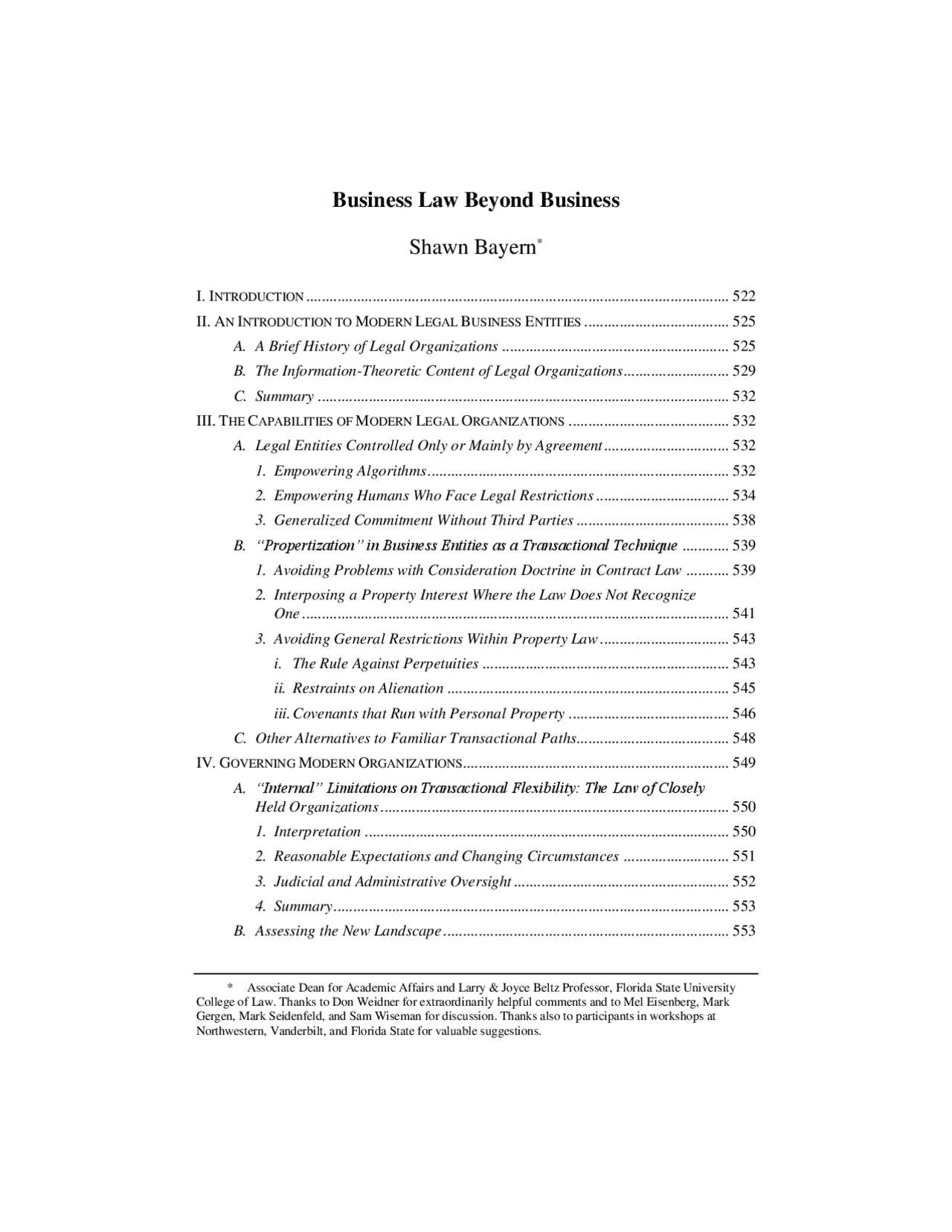 Business Law Beyond Business Shawn Bayern* Exams Business Docsity