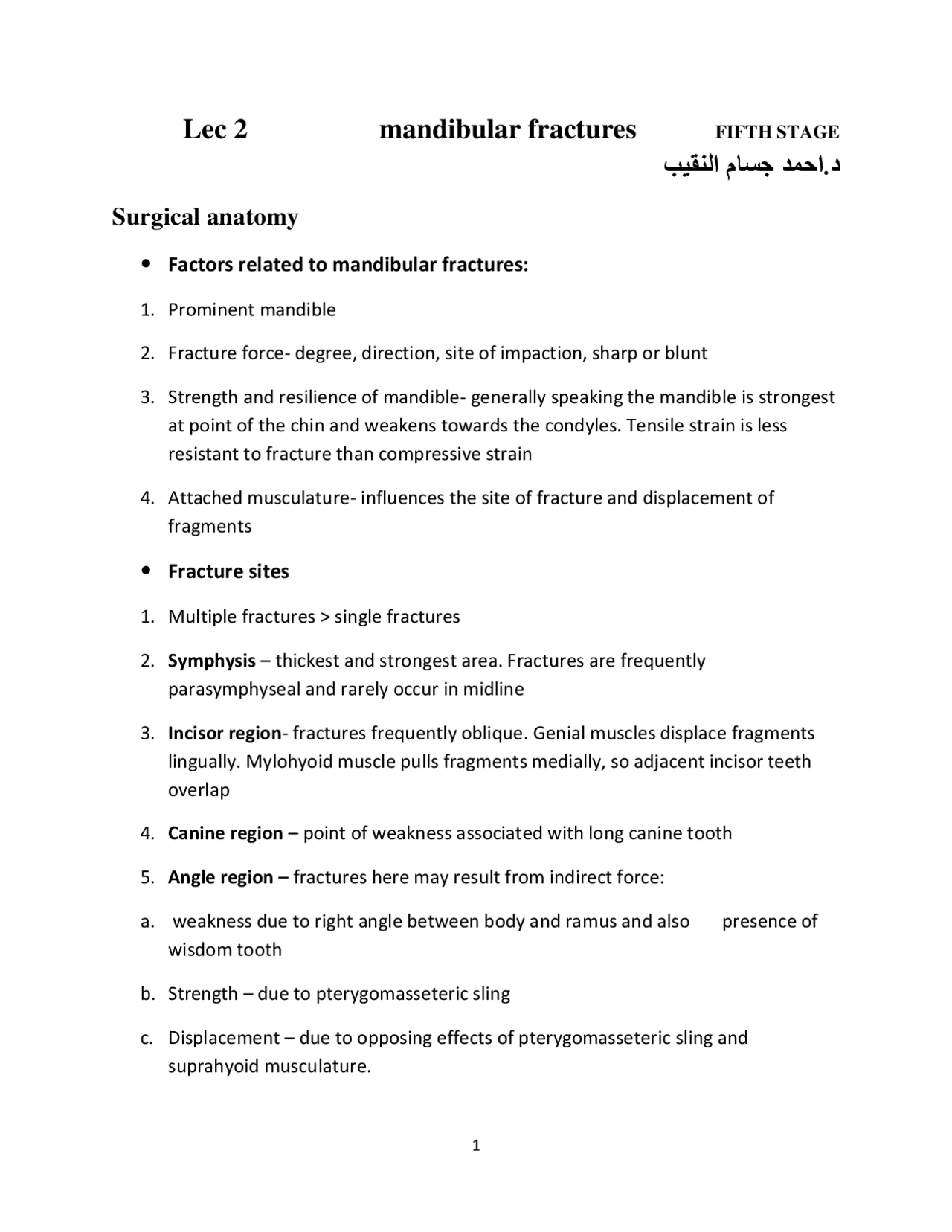 Lec 2 mandibular fractures د.اﺣﻣد ﺟﺳﺎم اﻟﻧﻘﯾب | Summaries Anatomy | Docsity