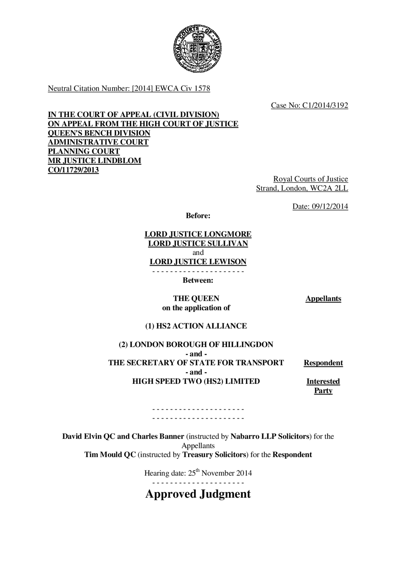 HS2 -v- Secretary of State for Transport | Study notes Reasoning | Docsity