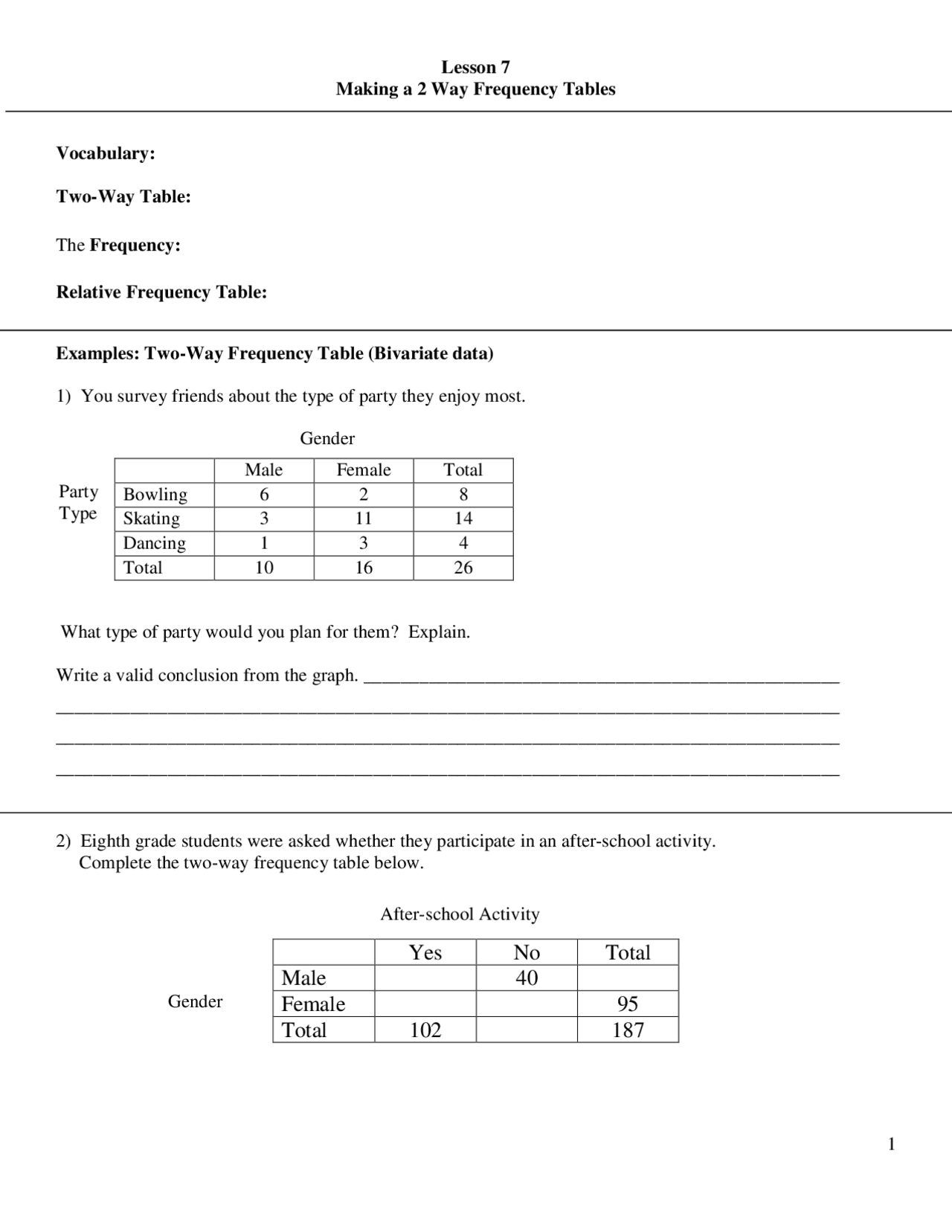 Two Way Table Worksheets Summaries English Docsity