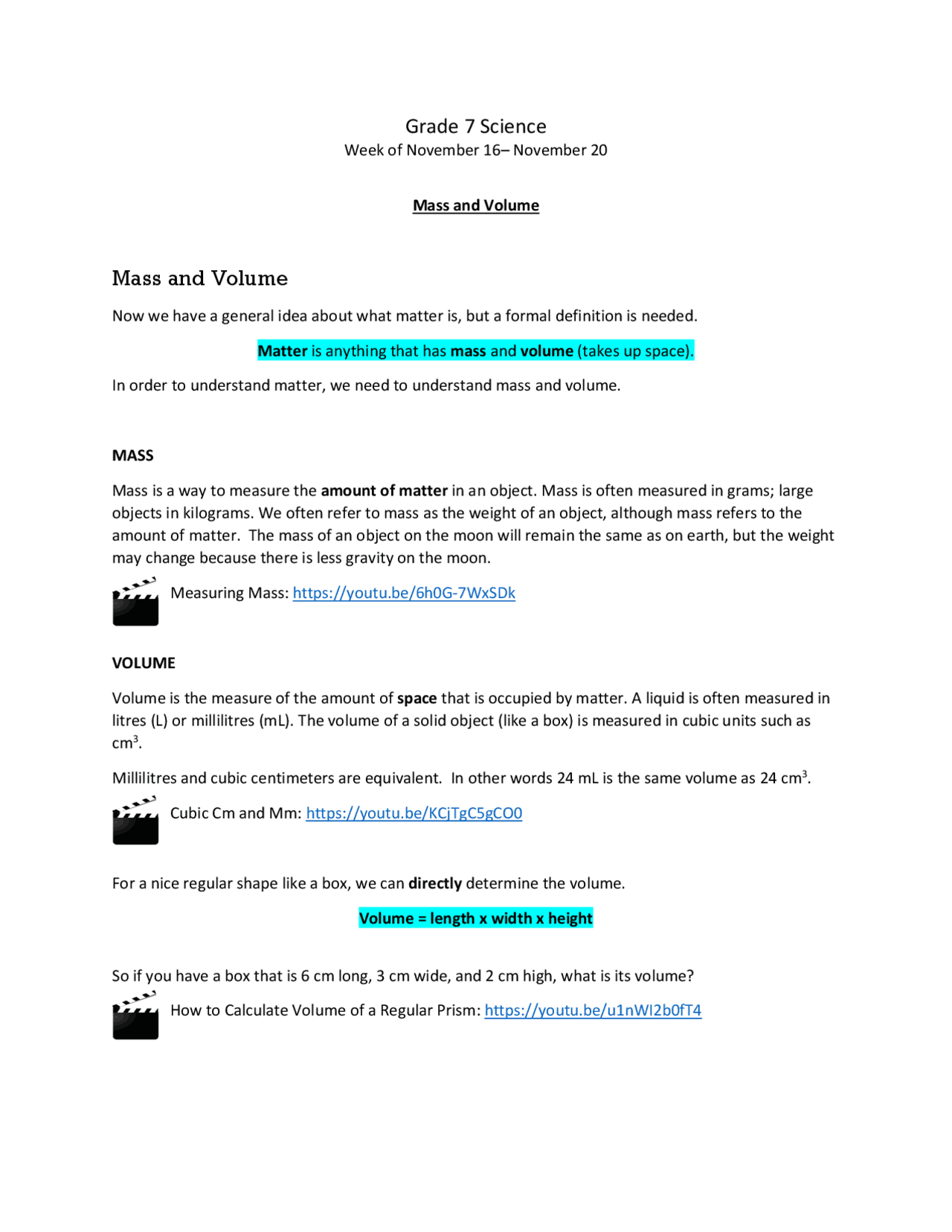 Grade 7 Science Mass and Volume | Study notes Mathematics | Docsity