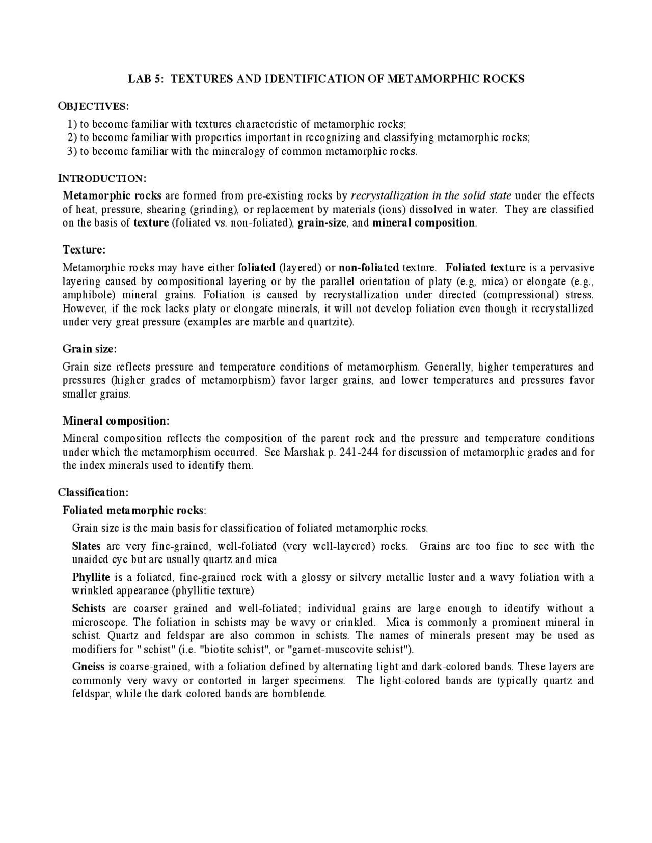 Science Document Texture Lab 5 -- Textures and Identification of Metamorphic Rocks | Schemes and ...