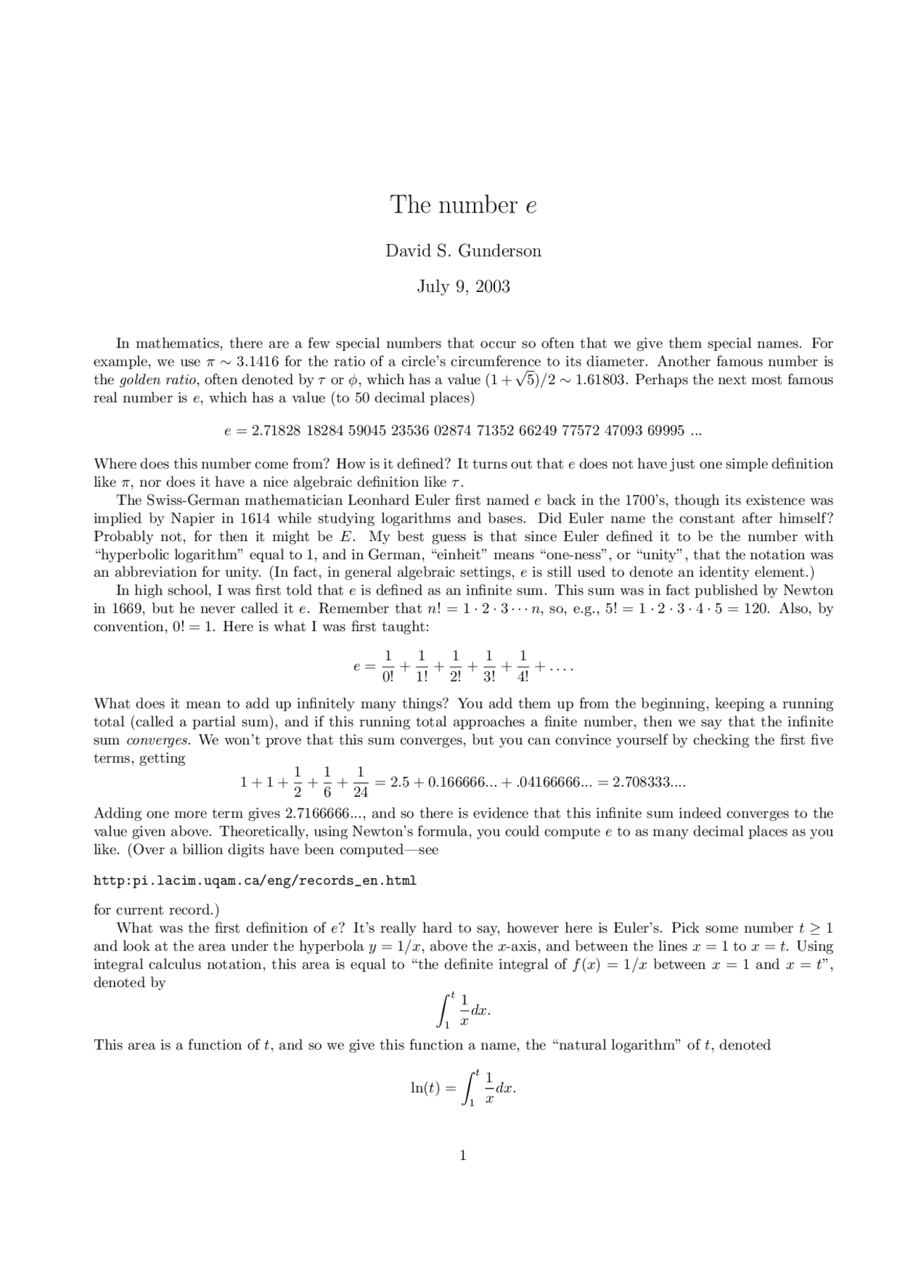 The number e | Study notes Calculus | Docsity