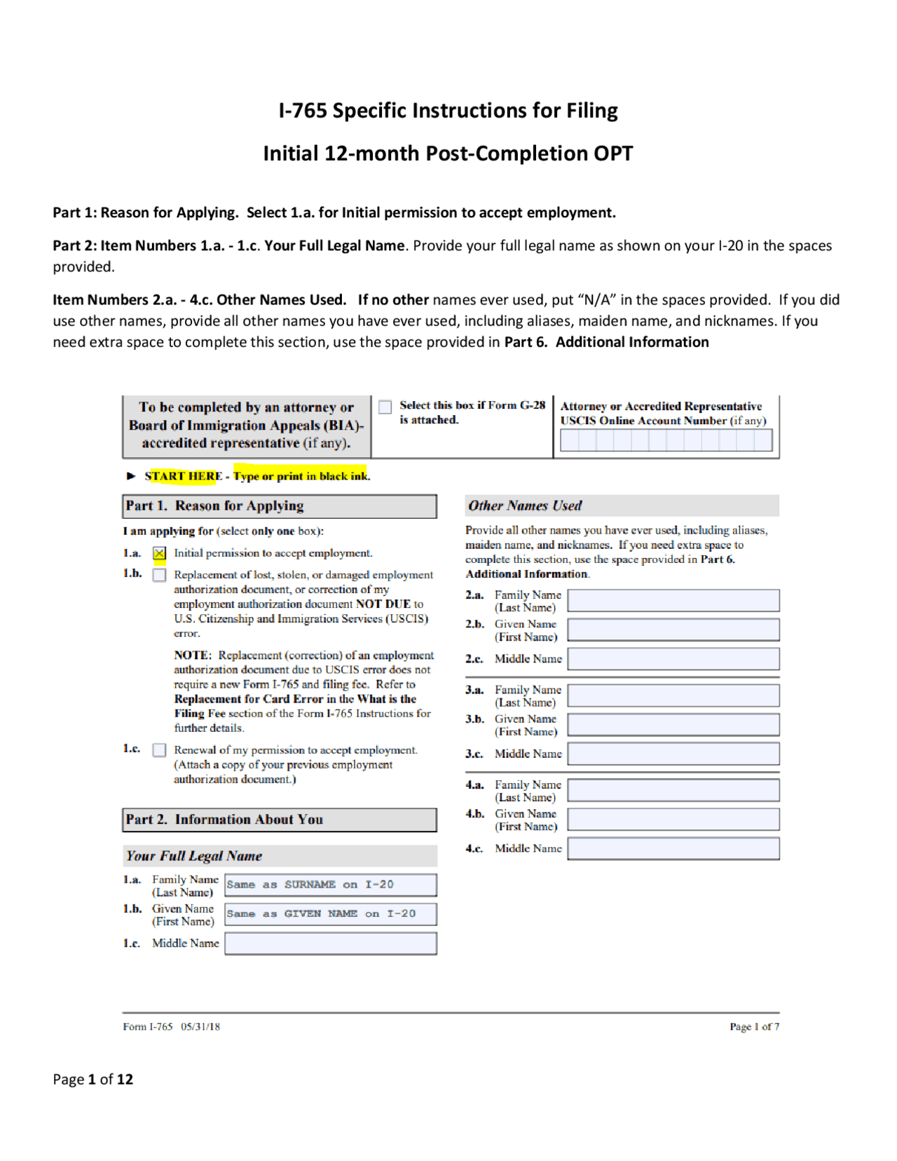 I-765 Specific Instructions for Filing Initial 12-month Post ...