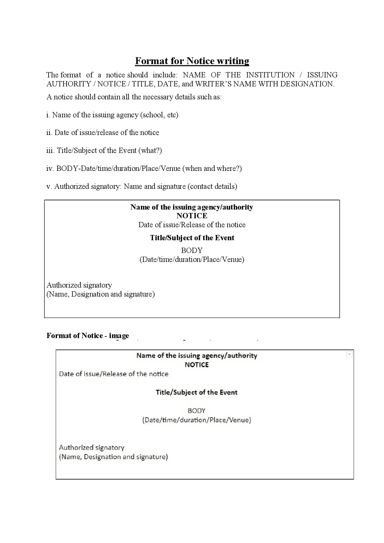 Format for Notice writing | Summaries Technical Writing | Docsity