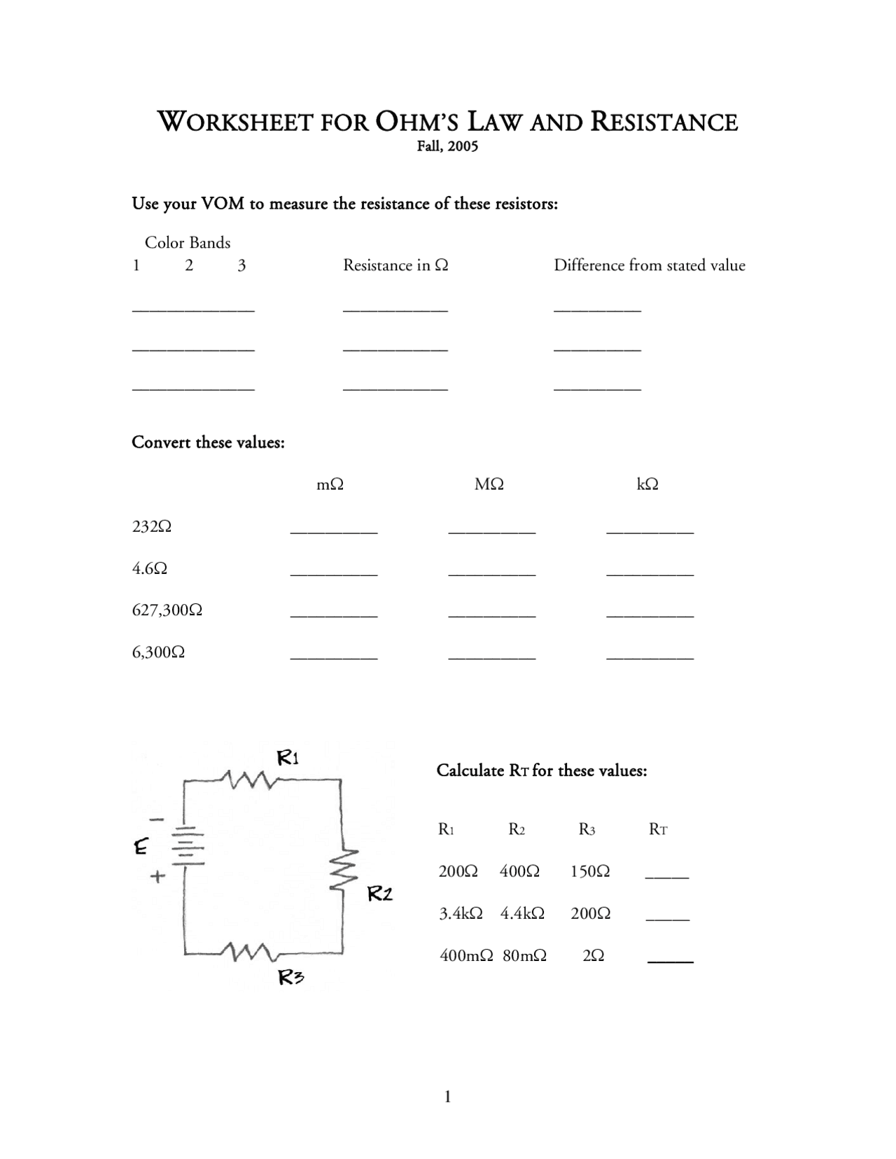 WORKSHEET FOR OHM'S LAW AND RESISTANCE Lecture notes Law Docsity