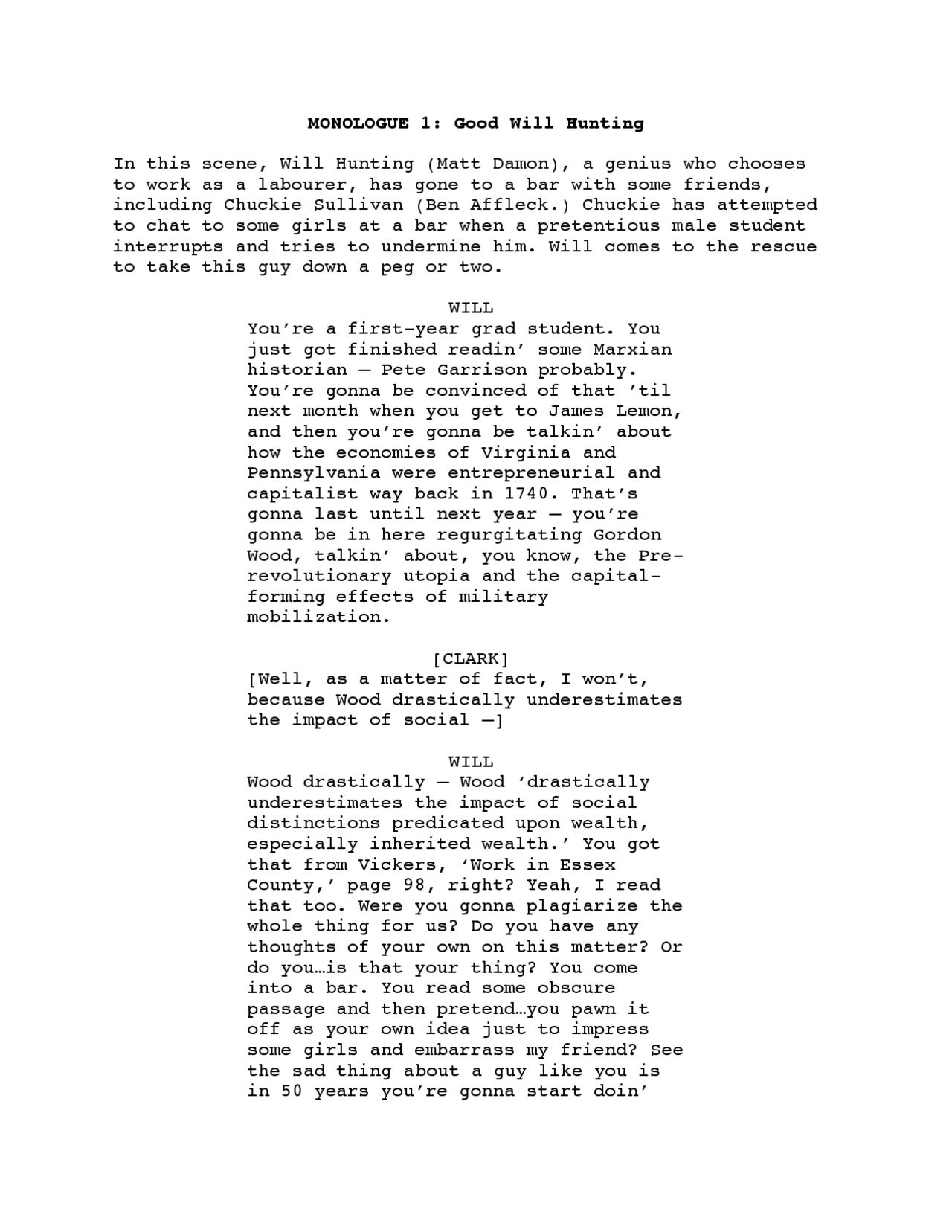 MONOLOGUE 1 Good Will Hunting Lecture notes Business Docsity