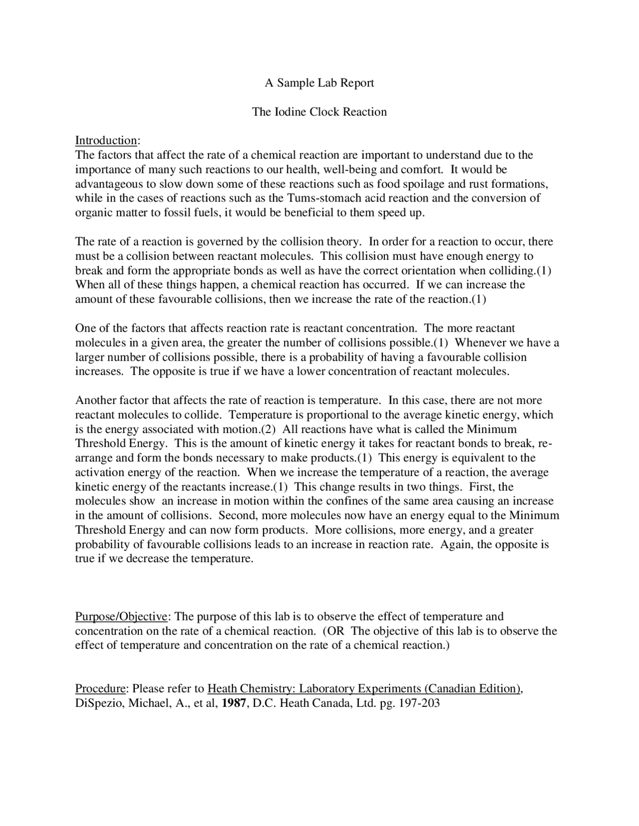 Lab Report Introduction Example Chem A Sample Lab Report The Iodine Clock Reaction Introduction | Summaries ...
