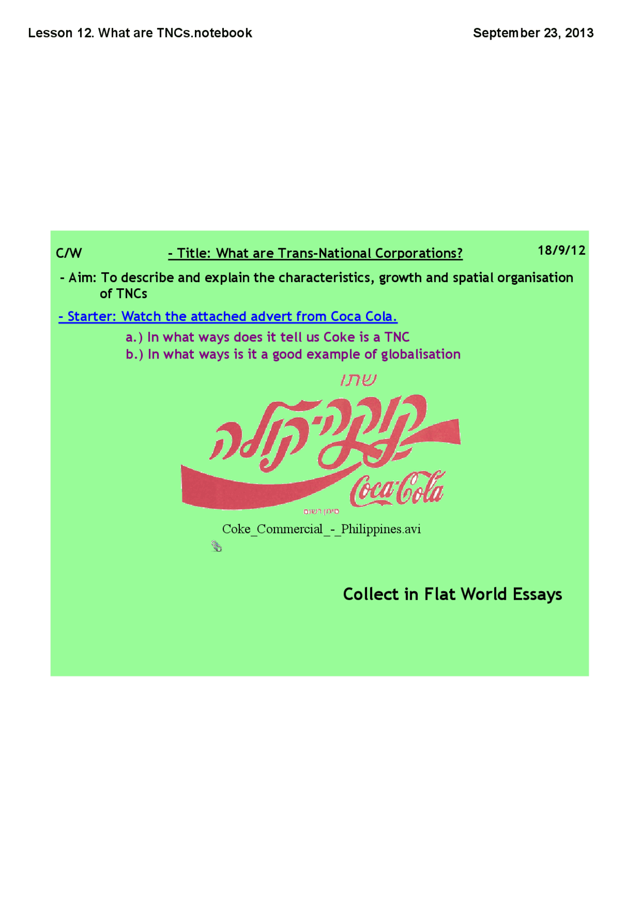 Lesson 12. What are TNCs.notebook Study notes Geography Docsity