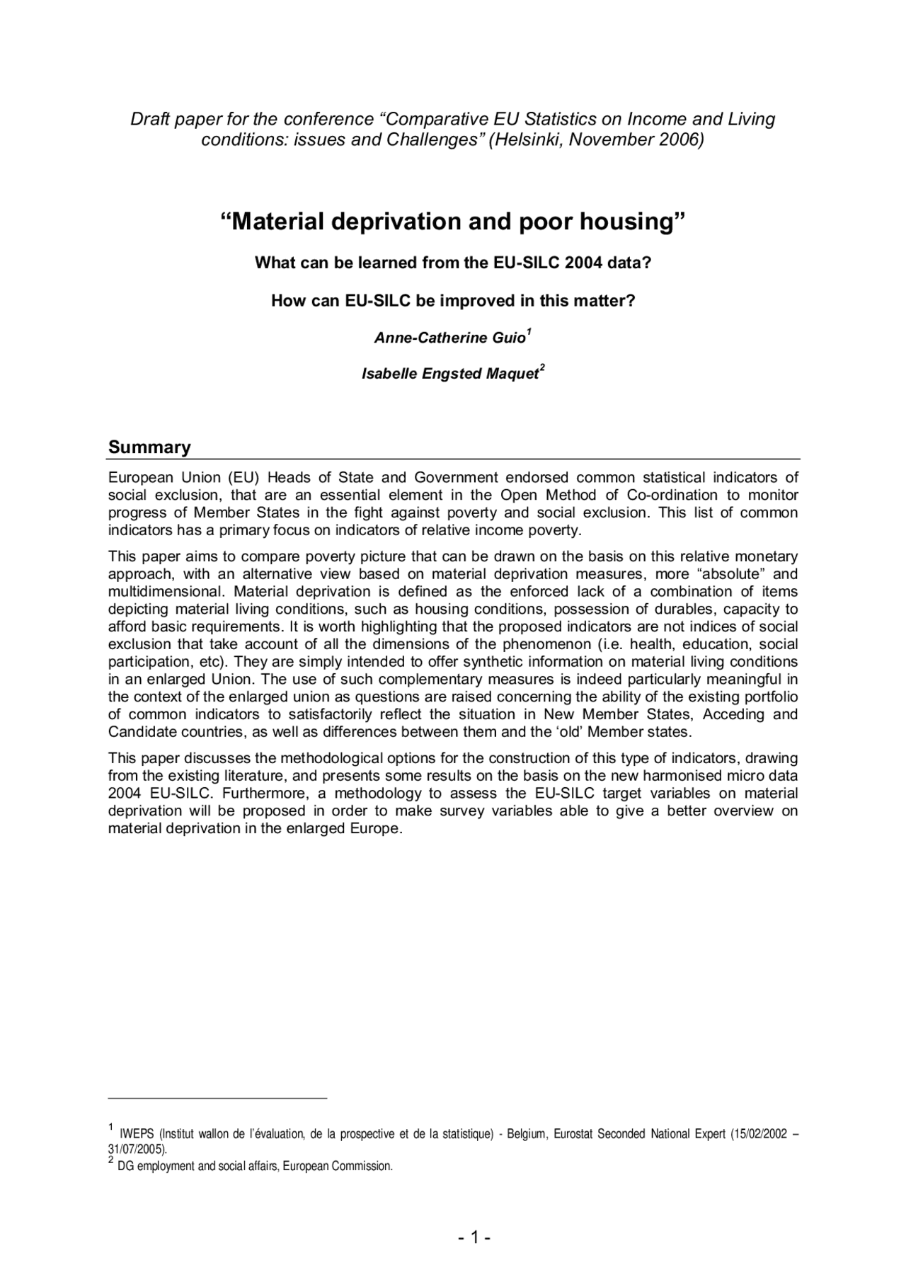 “Material deprivation and poor housing” Study notes Sociology Docsity