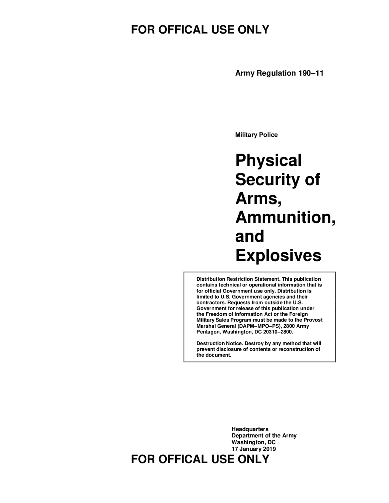 Security Measures for Conventional Ammunition and Explosives: AR 190-11 ...