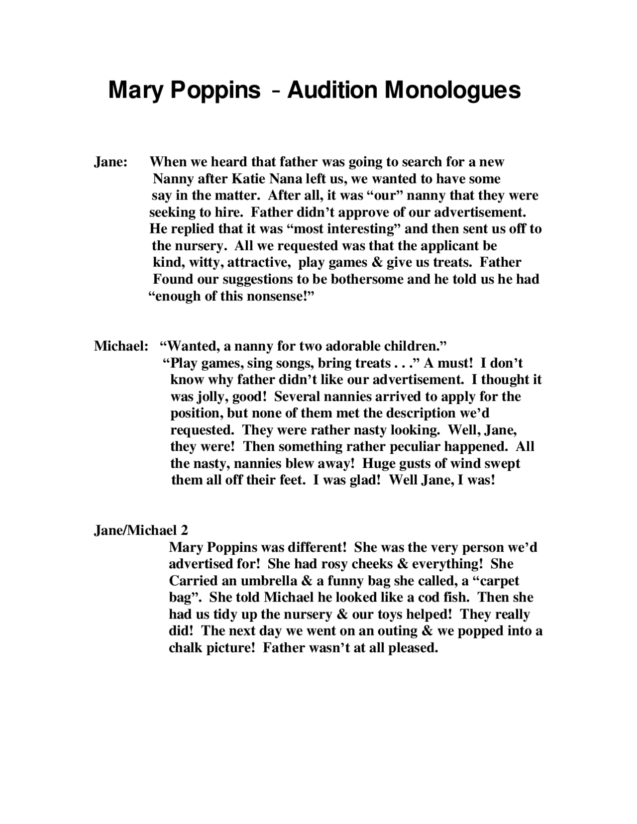 Mary Poppins Audition Monologues Lecture notes Playwriting and