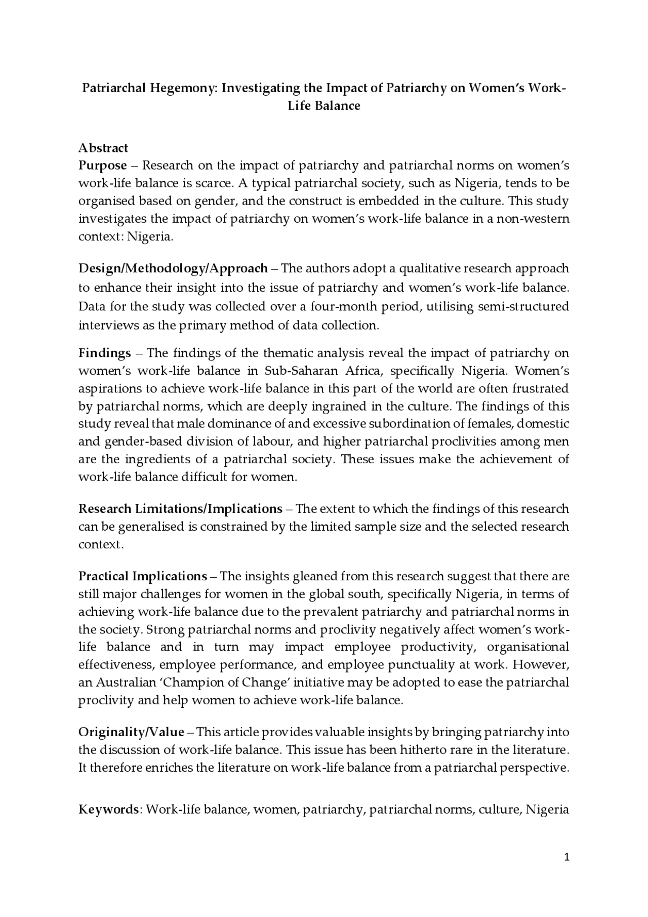 Investigating the Impact of Patriarchy on Women's Work- Life ...