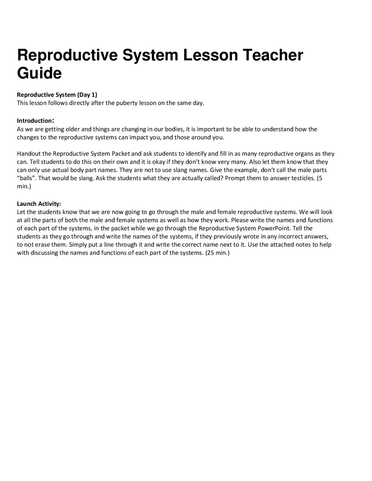 Reproductive System Lesson Teacher Guide | Lecture notes Human Biology ...