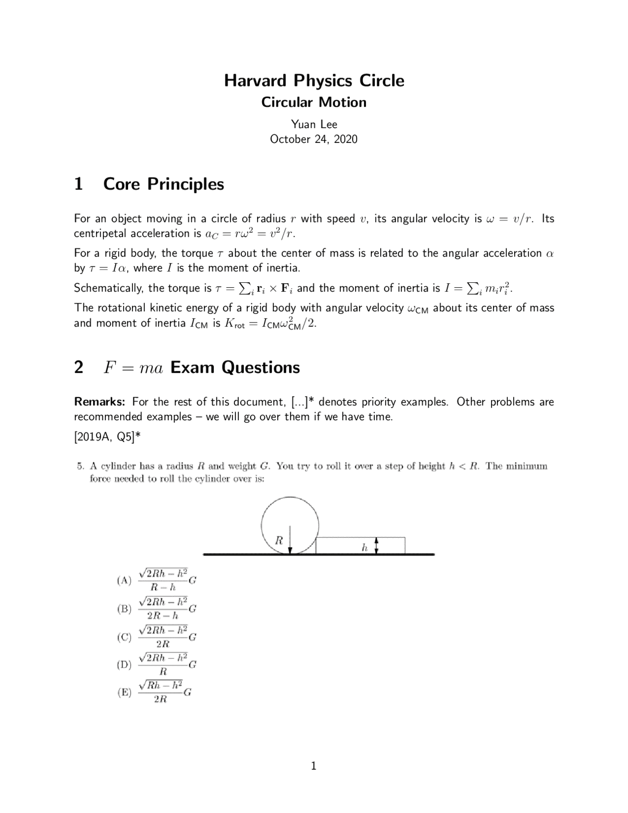 Harvard Physics Problem Harvard Physics Circle 1 Core Principles 2 F = ma Exam ... | Study ...