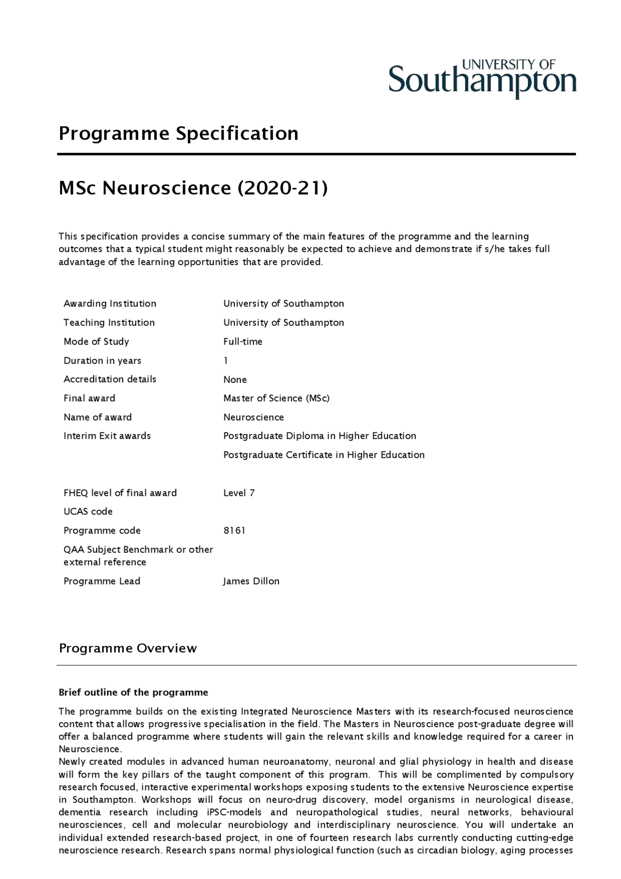 MSc Neuroscience Programme Specification (2020-21) | Lecture notes ...