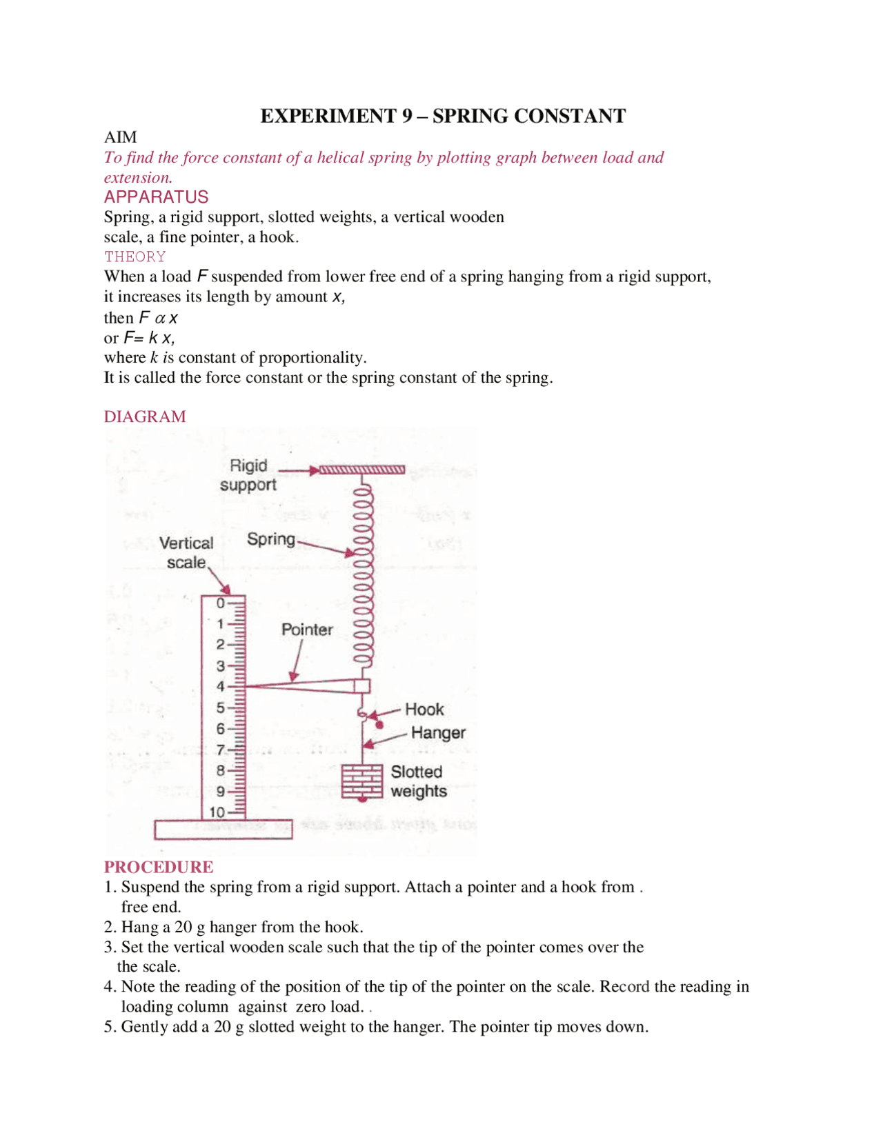 EXPERIMENT 9 – SPRING CONSTANT | Lecture notes Physics | Docsity