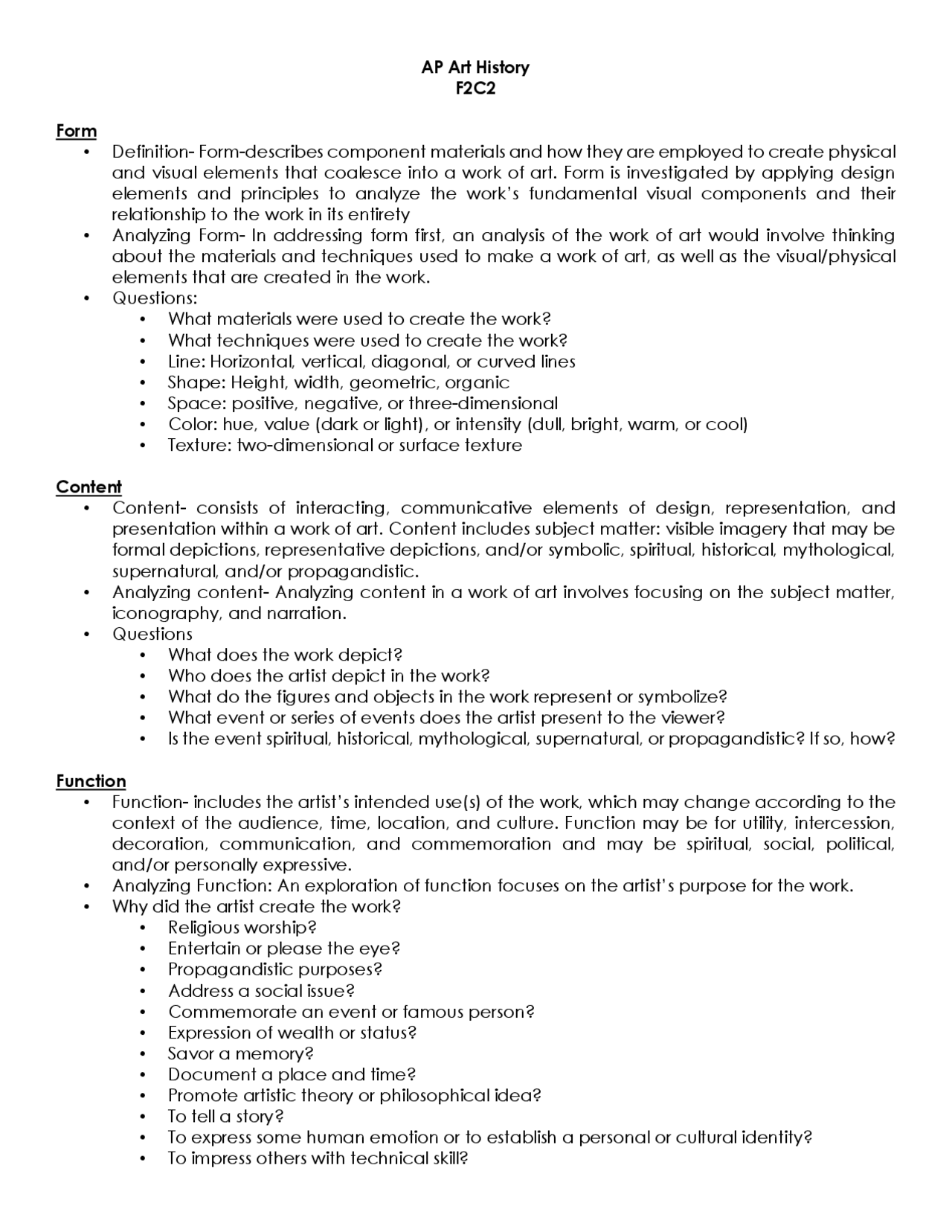 Form, content, function, context notes sheet | Lecture notes Art | Docsity