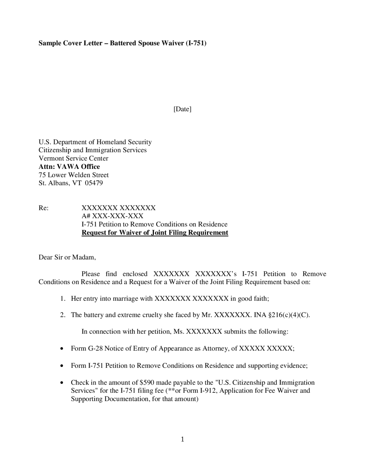 1 Sample Cover Letter Battered Spouse Waiver (I751) [Date