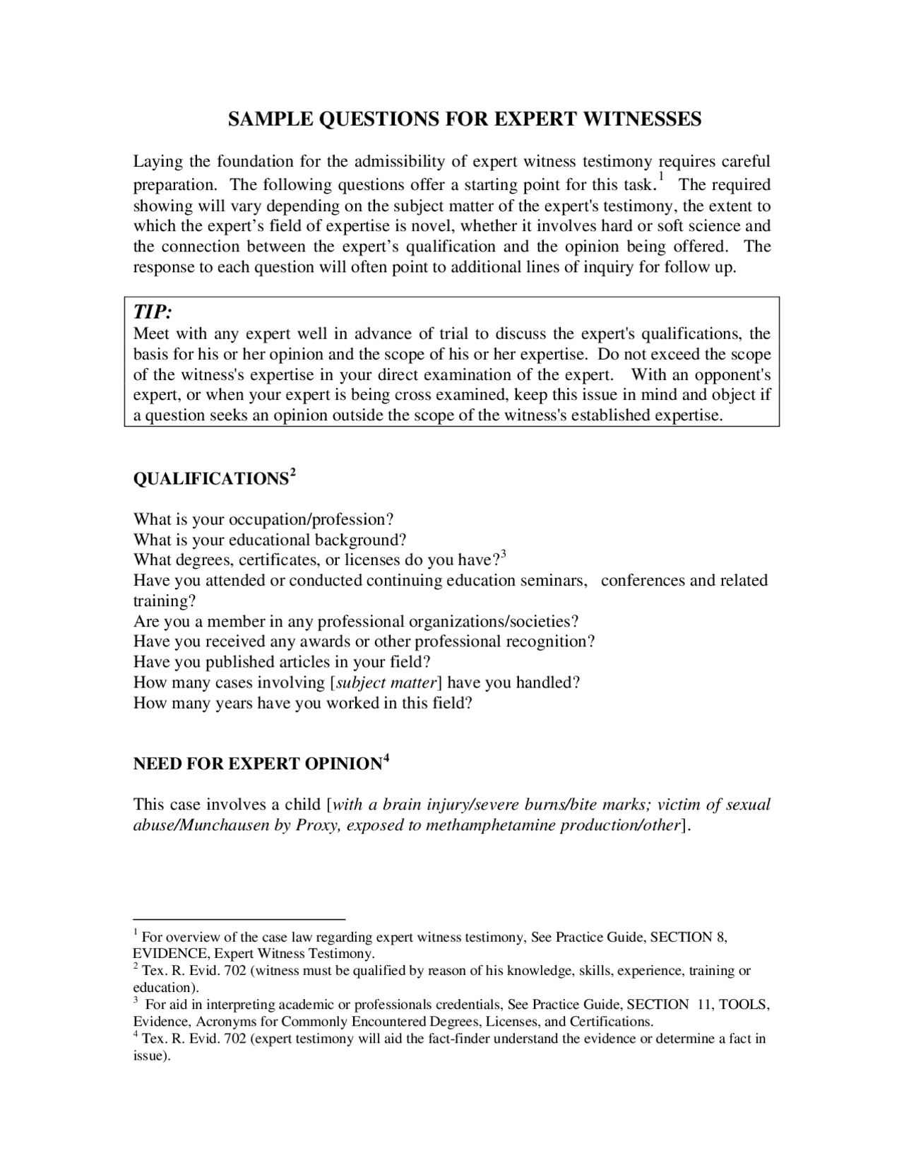 Questions for Expert Witness Qualifications, Need for Opinion, and ...