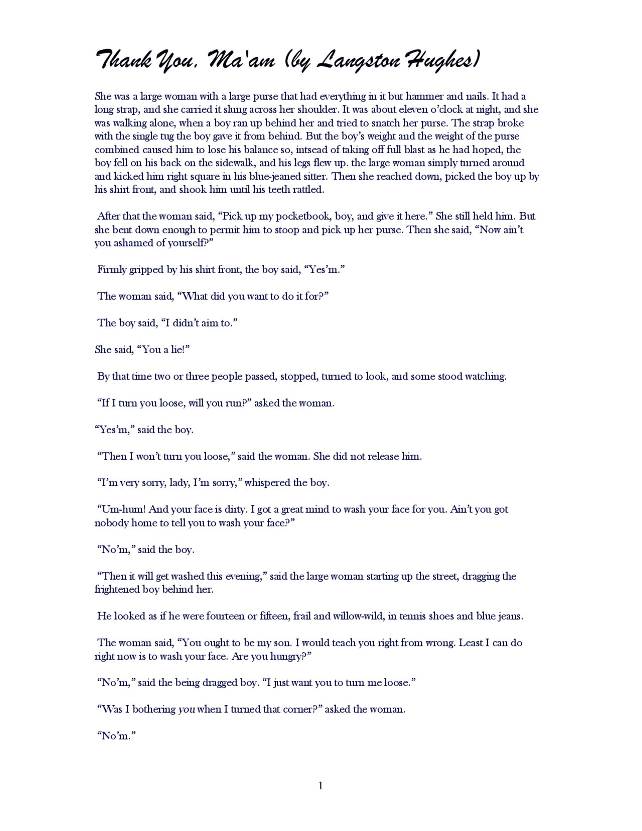 Thank You, Ma'am (by Langston Hughes) | Study Guides, Projects ...