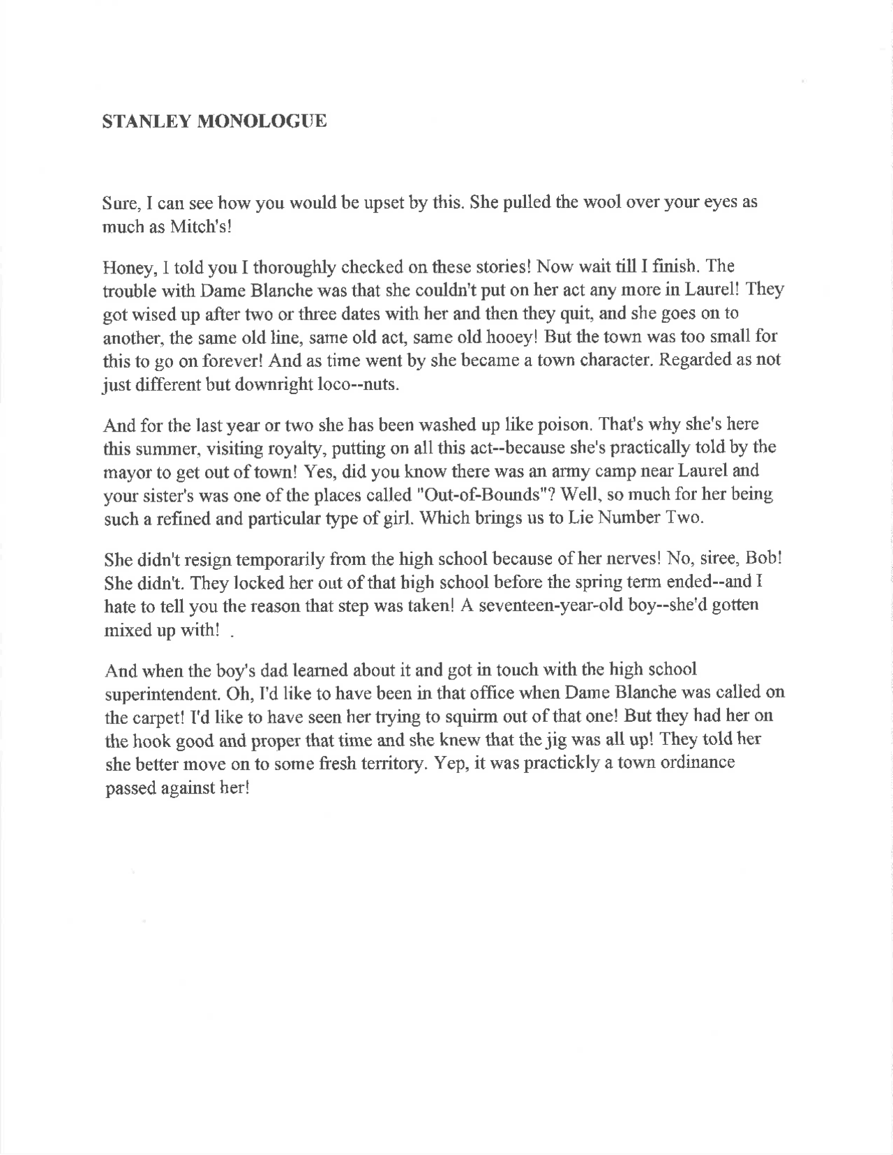 STANLEY MONOLOGUE | Study notes French | Docsity