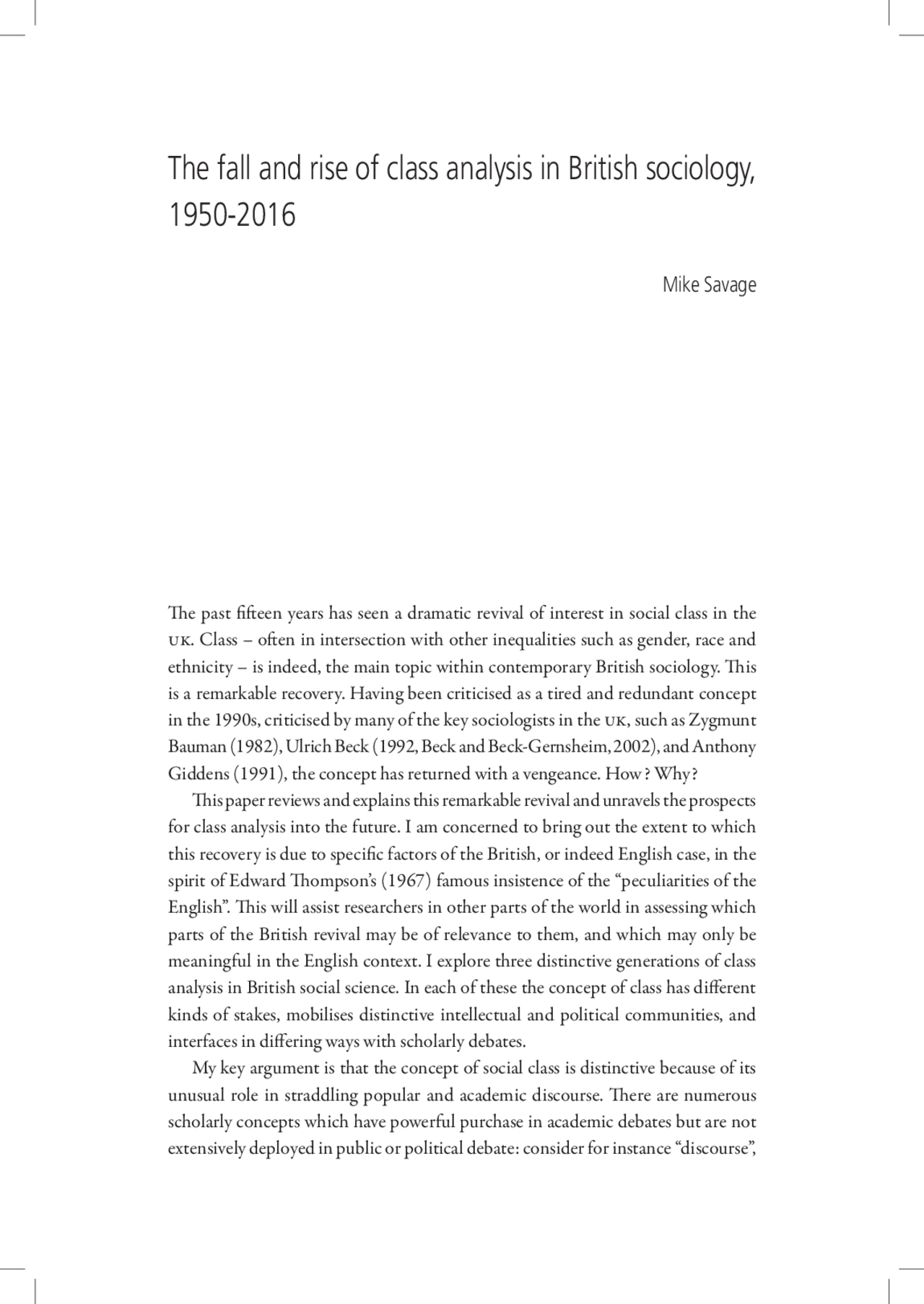 Study Class Analysis The fall and rise of class analysis in British sociology, 1950-2016 ...