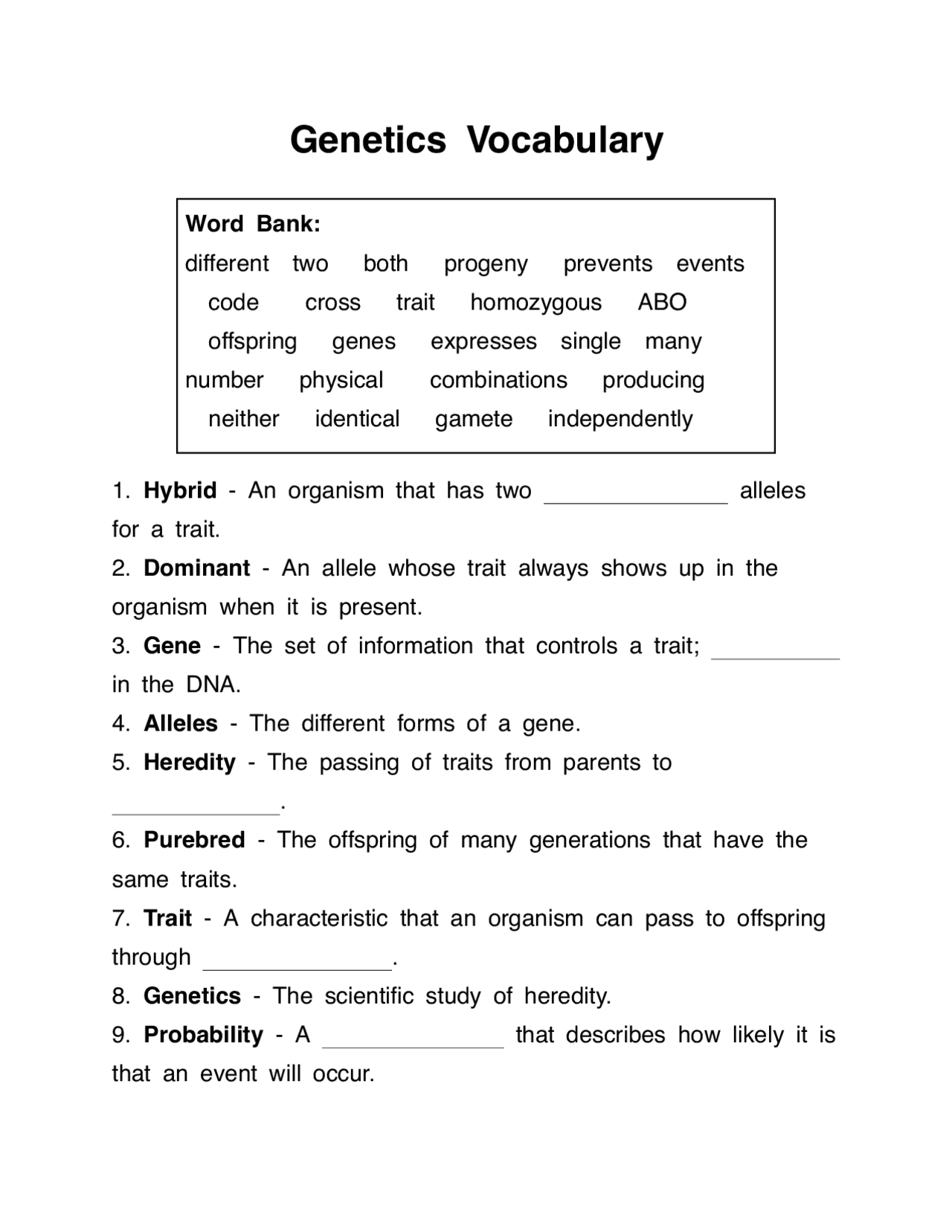 Genetics Vocabulary Lecture Notes Genetics Docsity