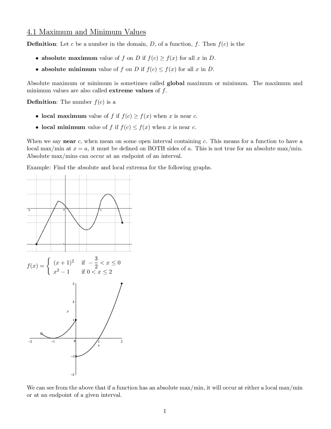 4.1 Maximum and Minimum Values | Slides Advanced Calculus | Docsity