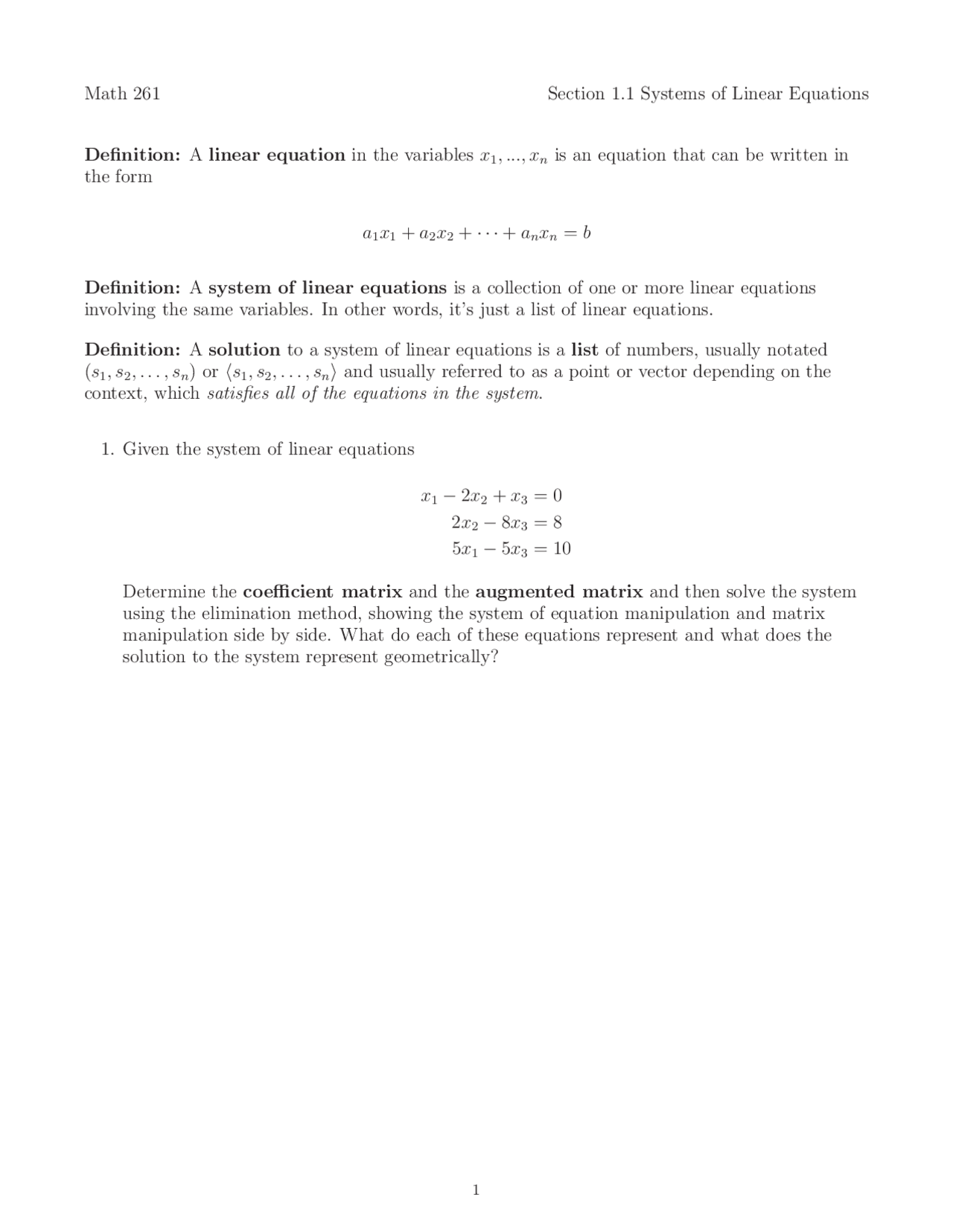 Math 261 Section 1.1 Systems of Linear Equations Definition | Exams ...